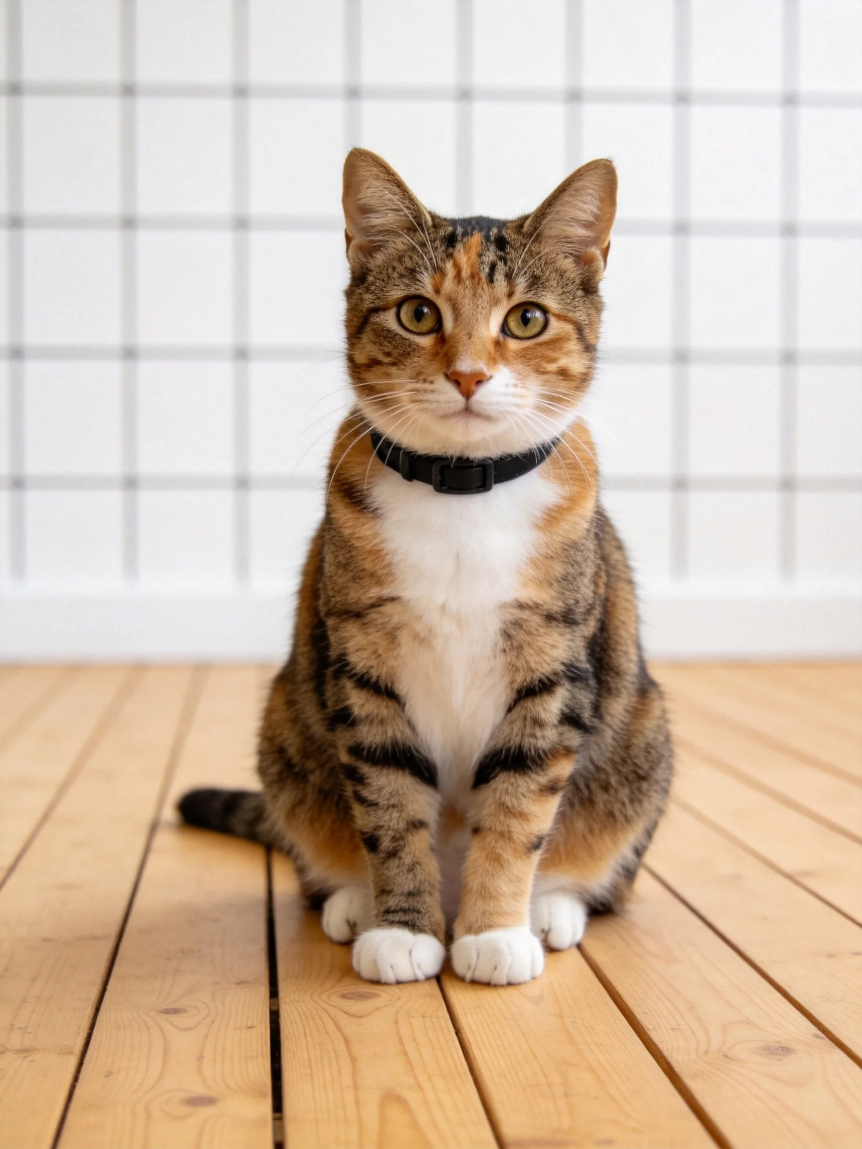 A calico cat with distinct fur patterns sits on a wooden floor