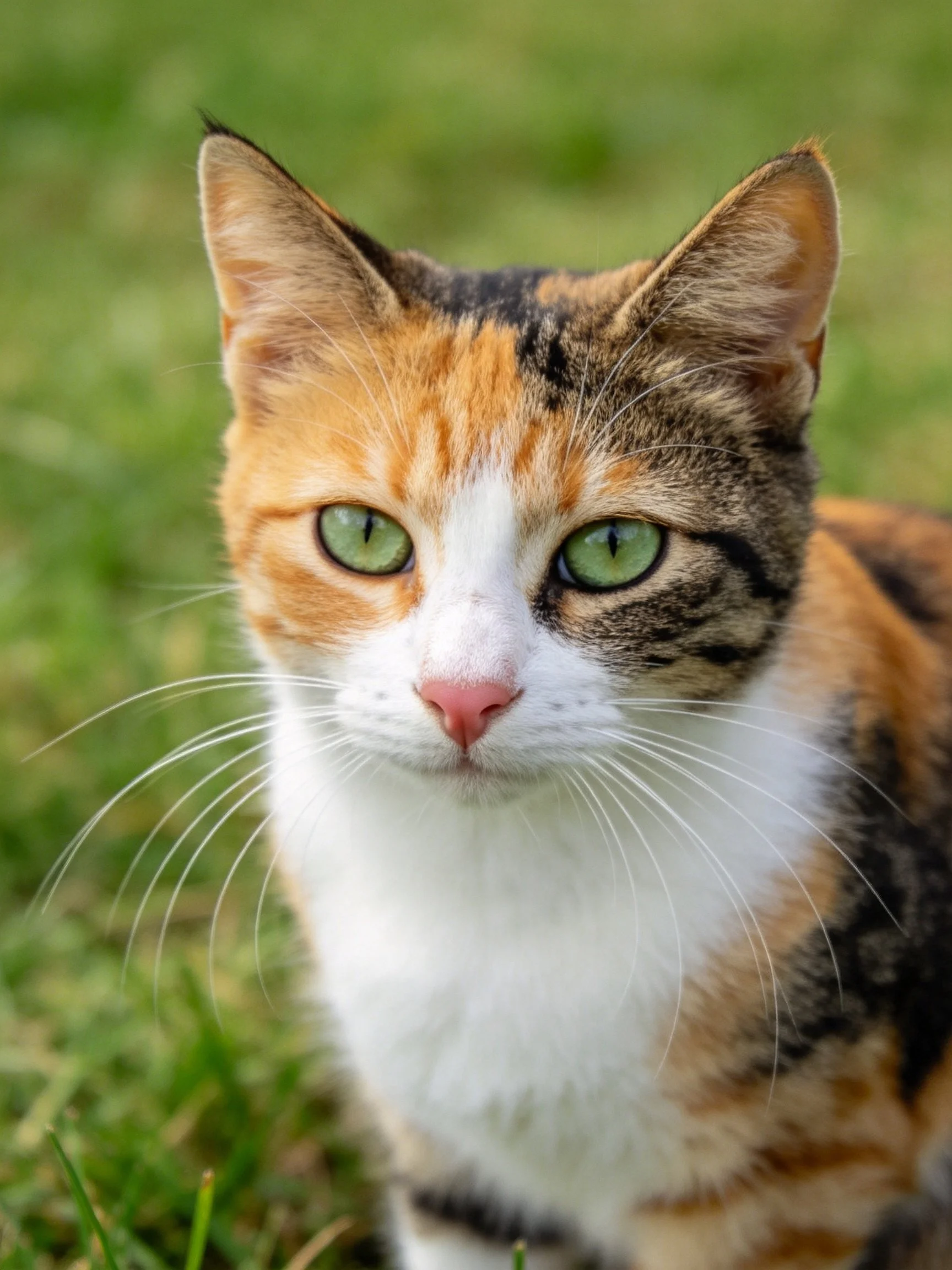 A calico cat with green eyes sits calmly amid green grass.