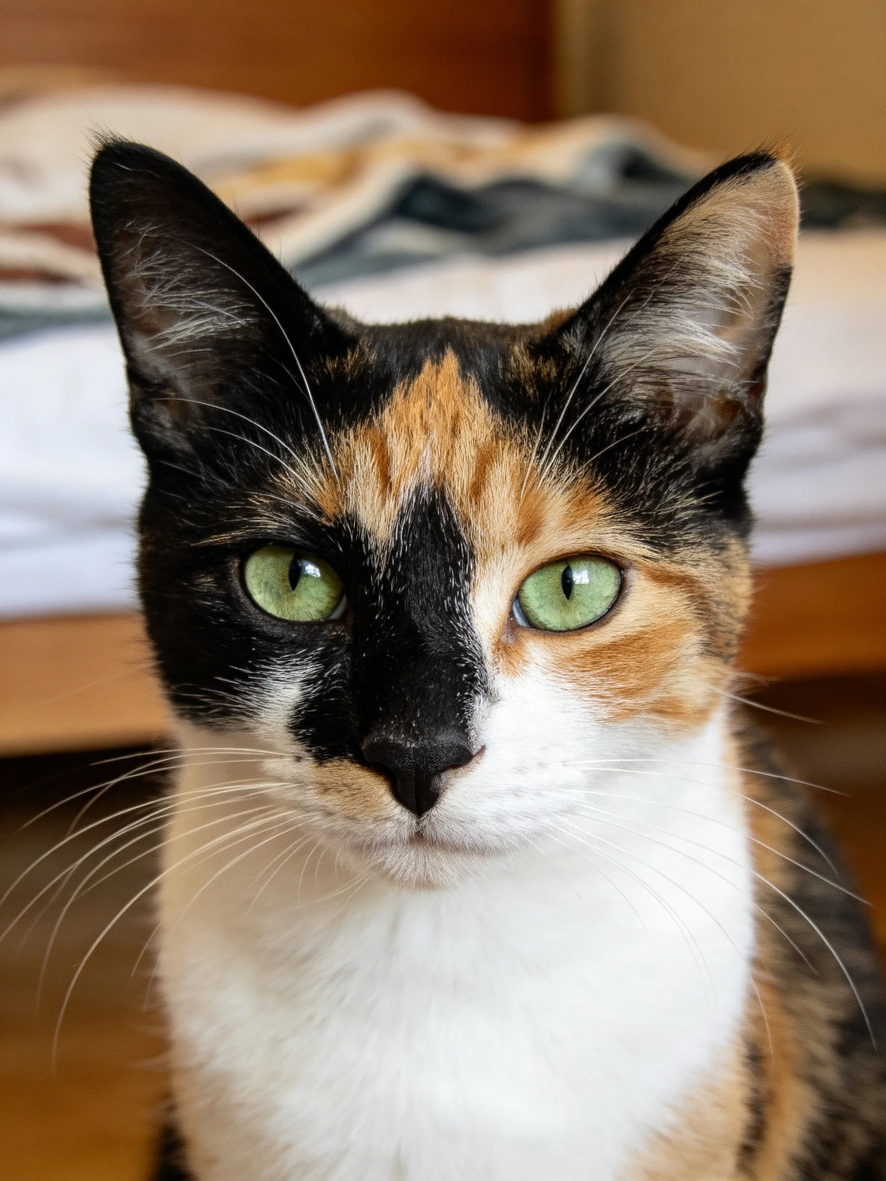 A calico cat with green eyes and black, orange, white fur