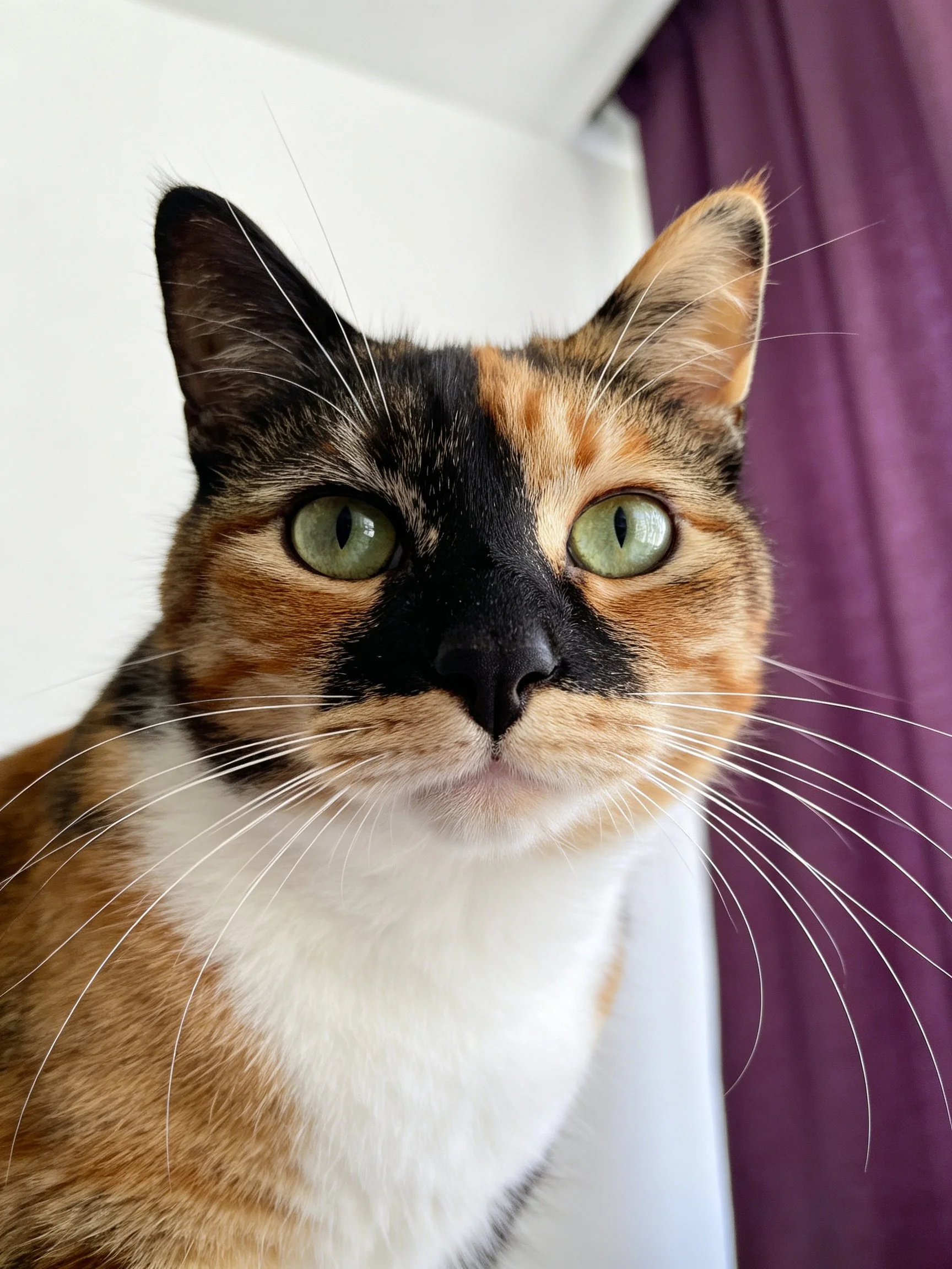 A calico cat with green eyes and contrasting fur patches