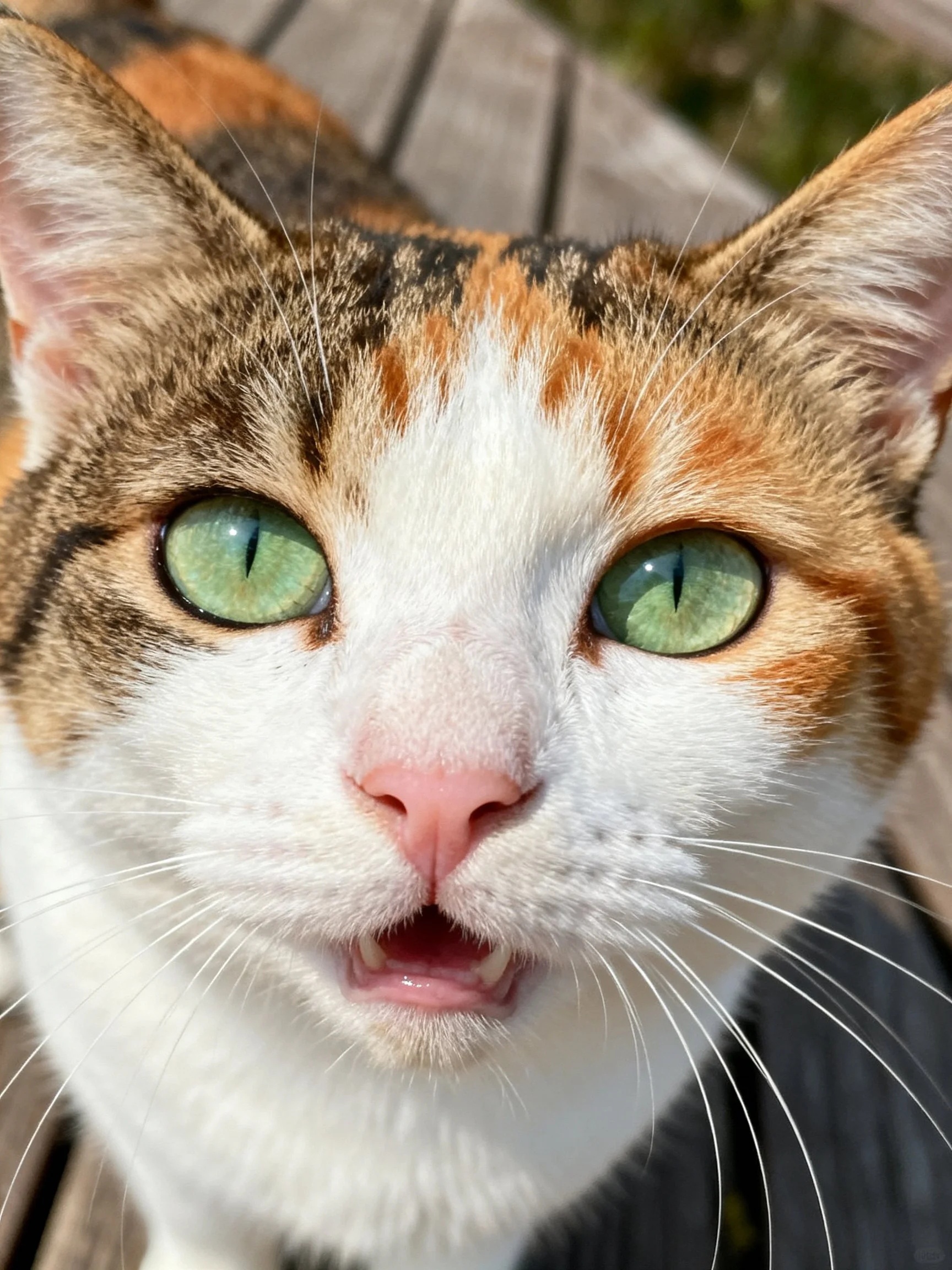 A calico cat with green eyes looks directly at the camera.