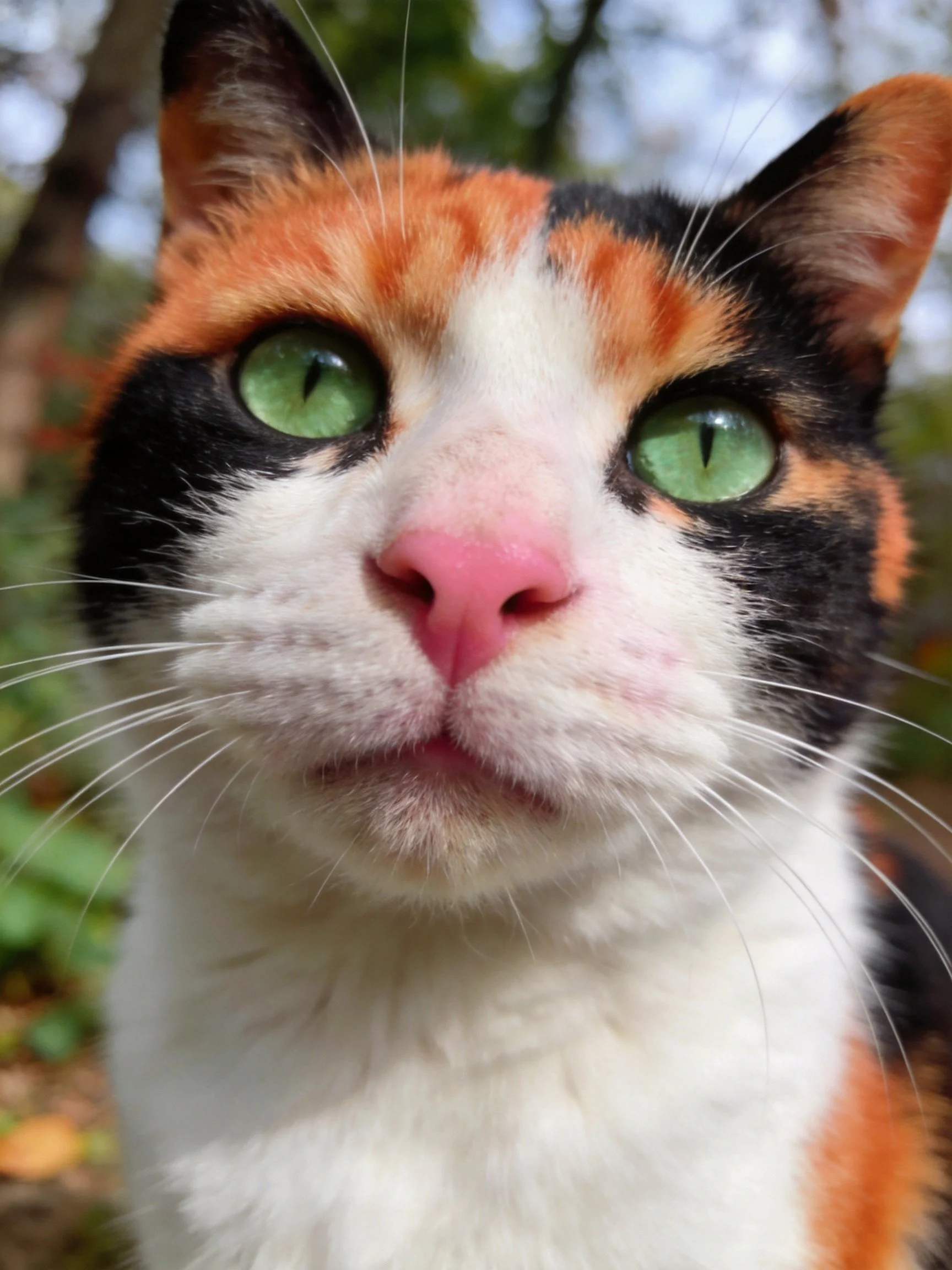 Close - up of a calico cat with green eyes in an outdoor environment.