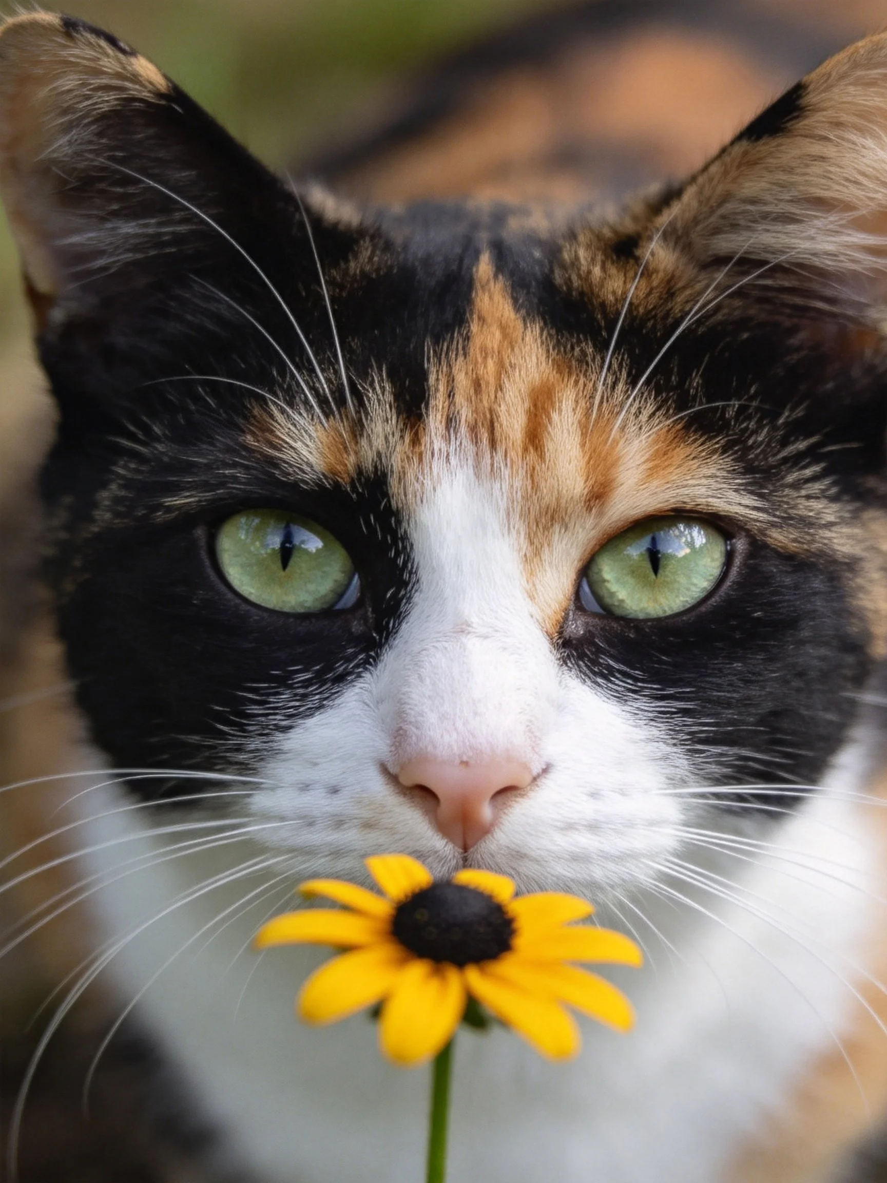 A calico cat with green eyes holds a vibrant yellow flower