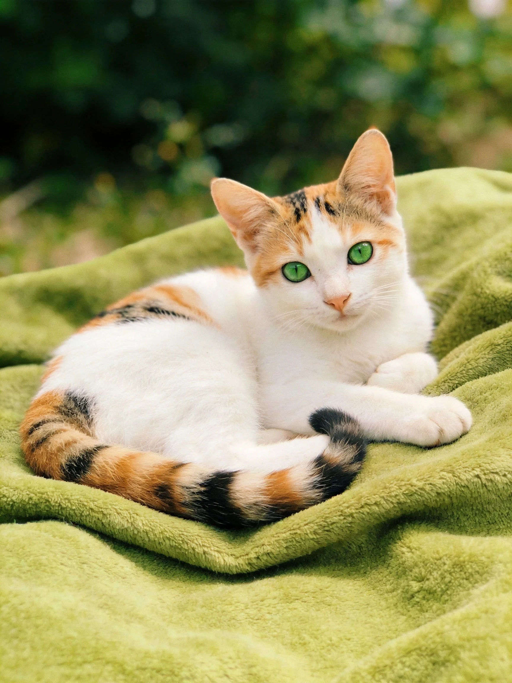 A calico cat with green eyes lies on a plush green blanket