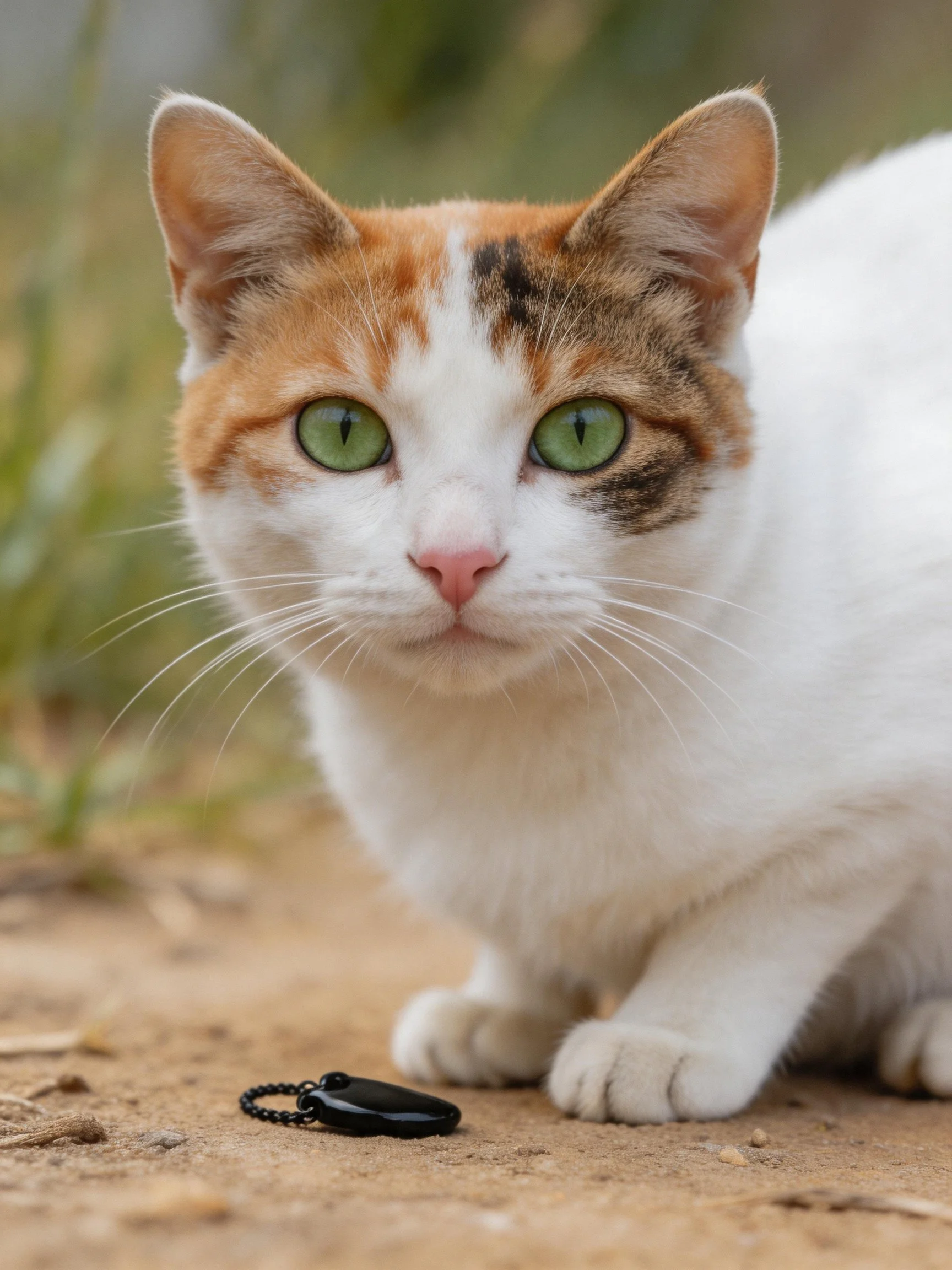 A calico cat with green eyes sits near a small black object on a dirt path.