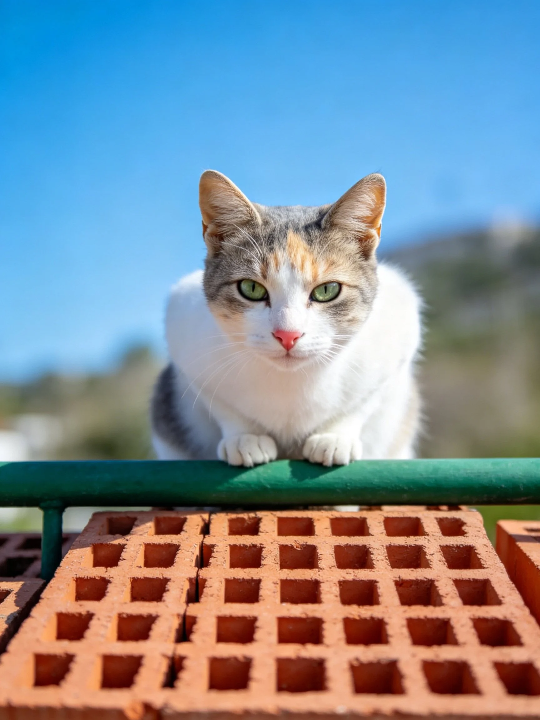 A calico cat with green eyes on a green rail near brown bricks