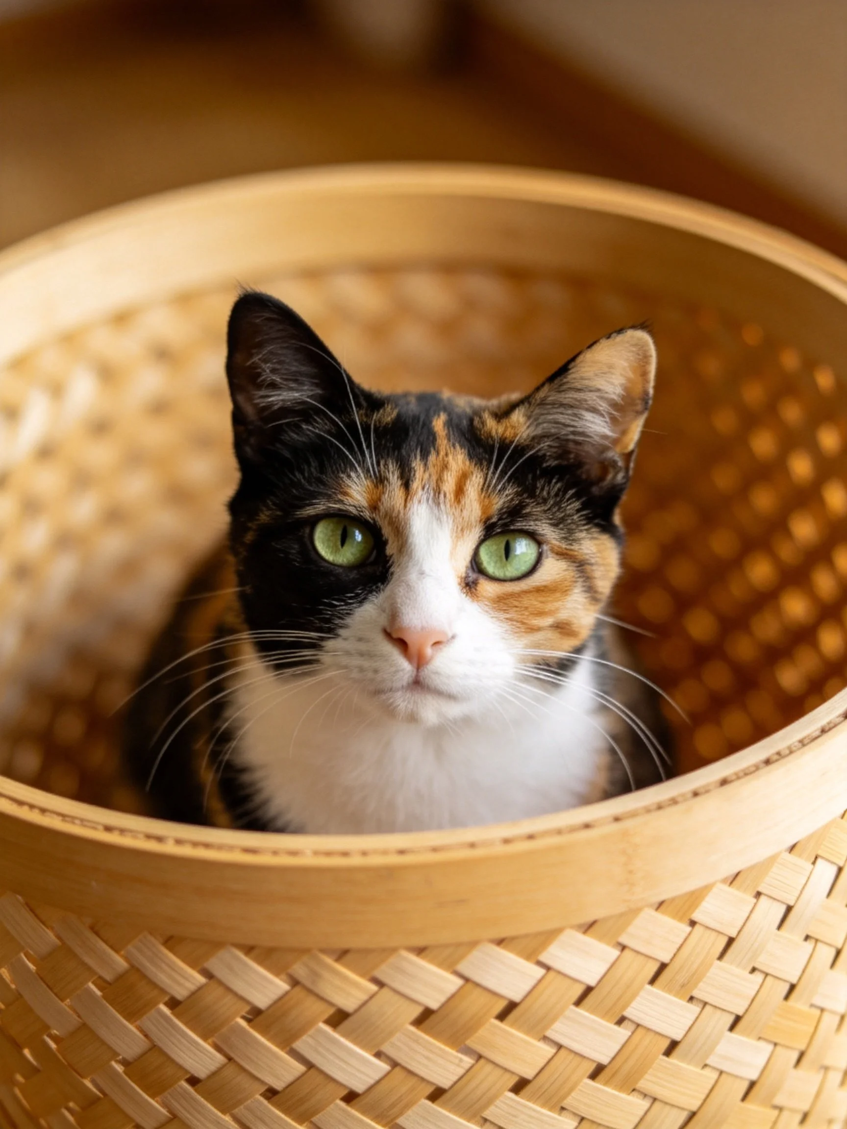 A calico cat with green eyes resting in a woven bamboo basket