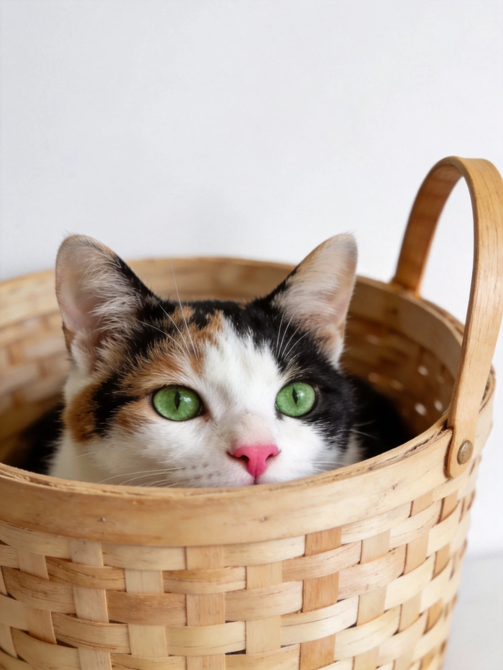 A calico cat with bright green eyes sits inside a light-colored woven basket.