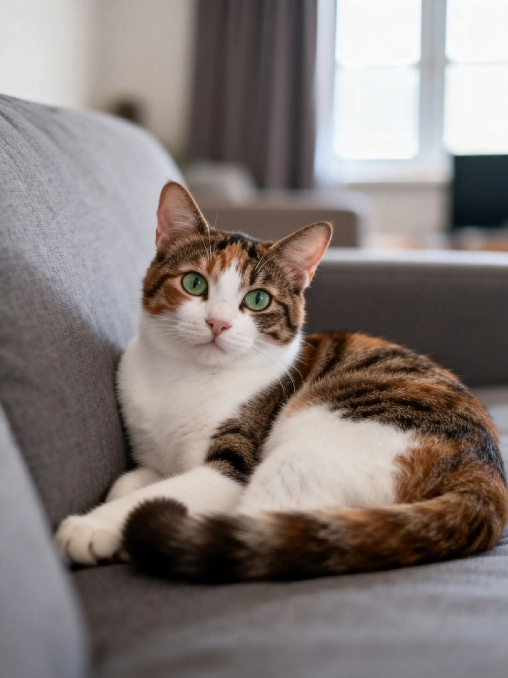 A calico cat with green eyes resting on a gray sofa