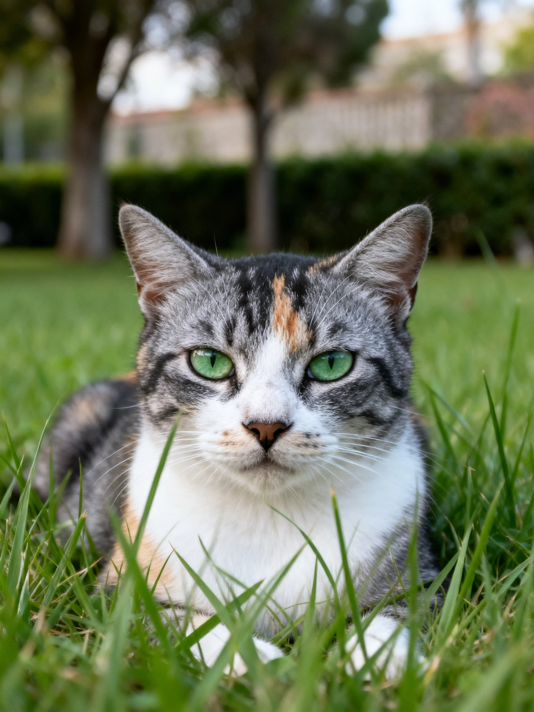 A calico cat with green eyes relaxes on grass in an outdoor setting.