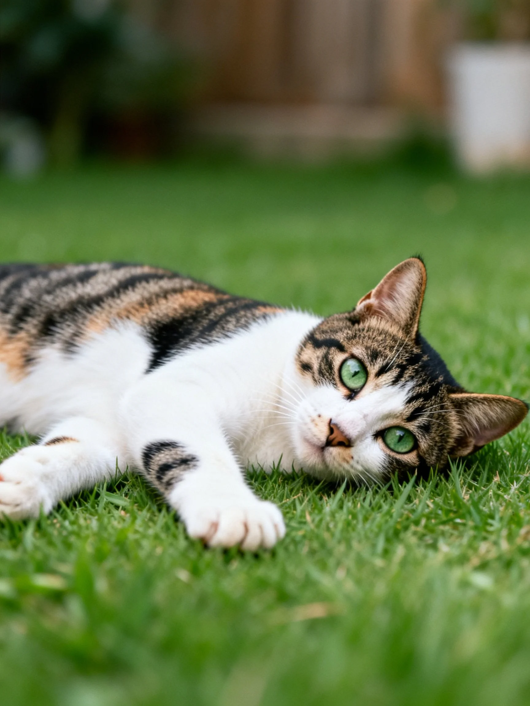 A calico cat with green eyes resting on green grass