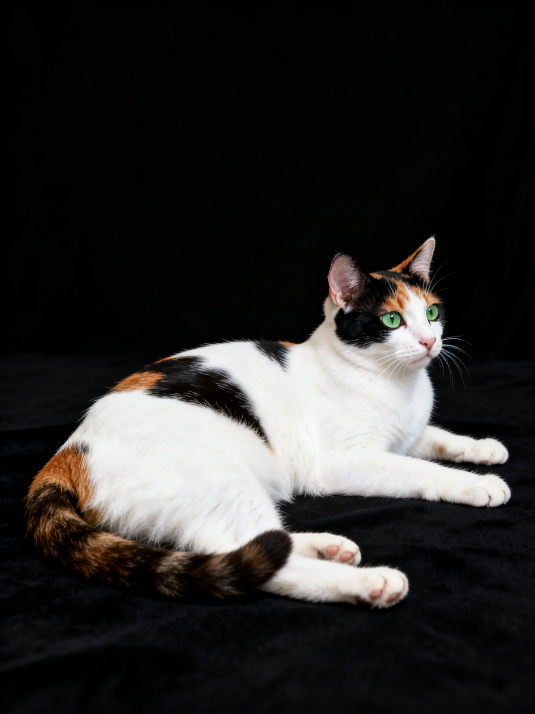 A calico cat with green eyes rests on a black cloth