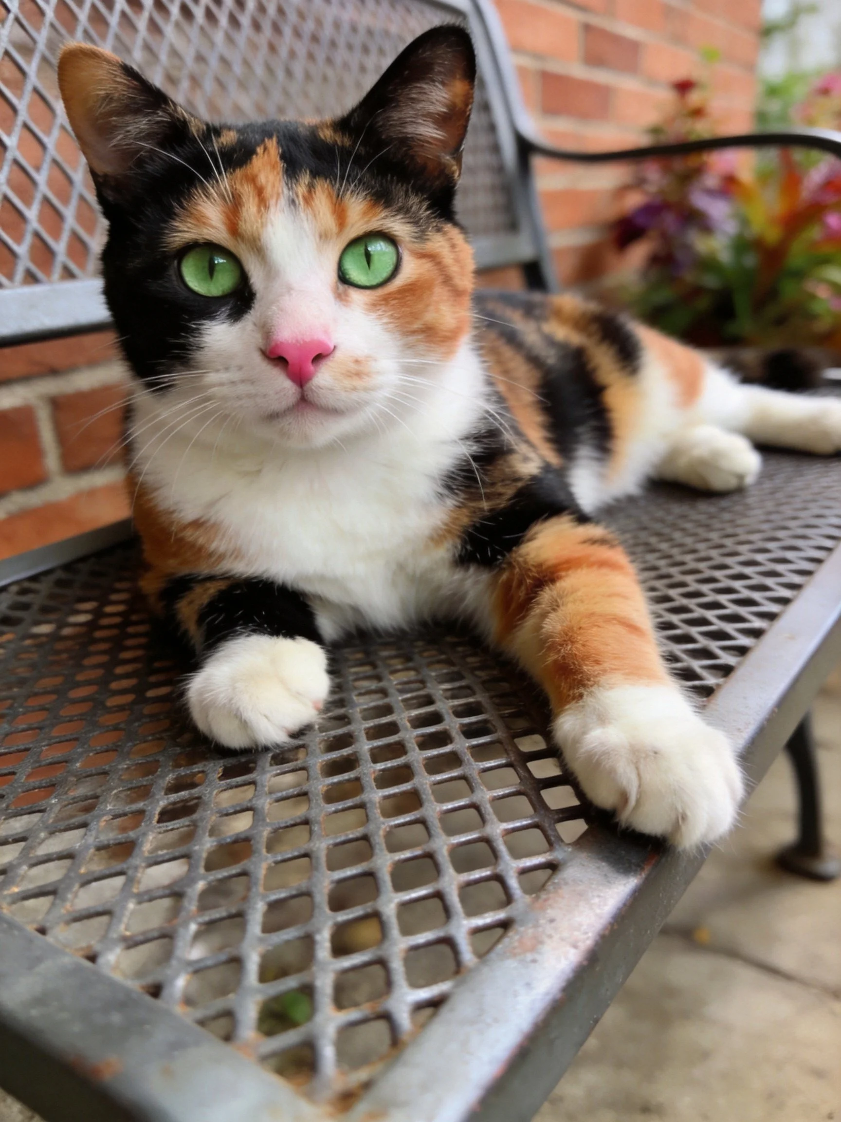 A calico cat with green eyes rests on a metal mesh bench near a brick wall