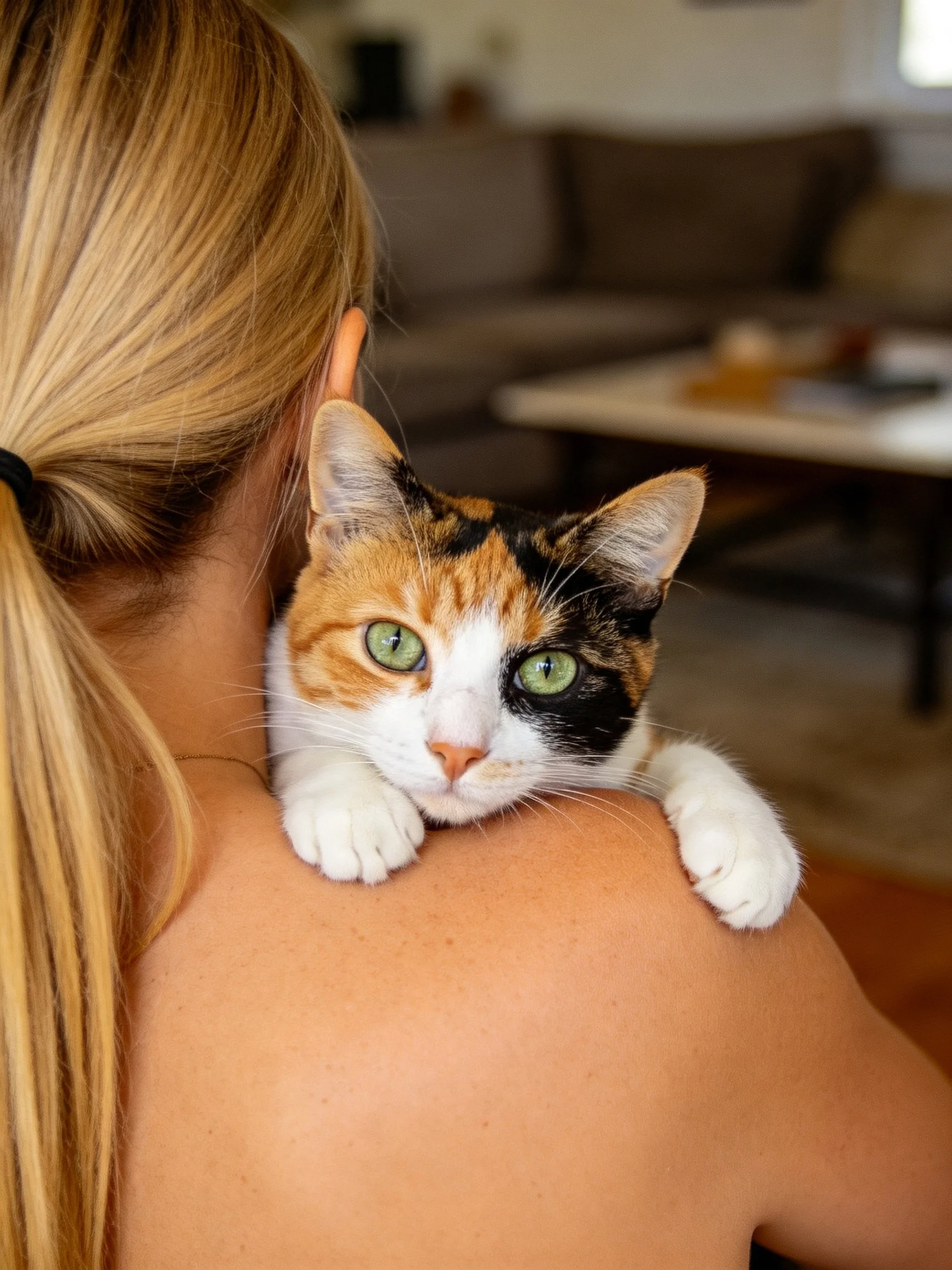 A calico cat with green eyes rests on a womans shoulder in a home setting.