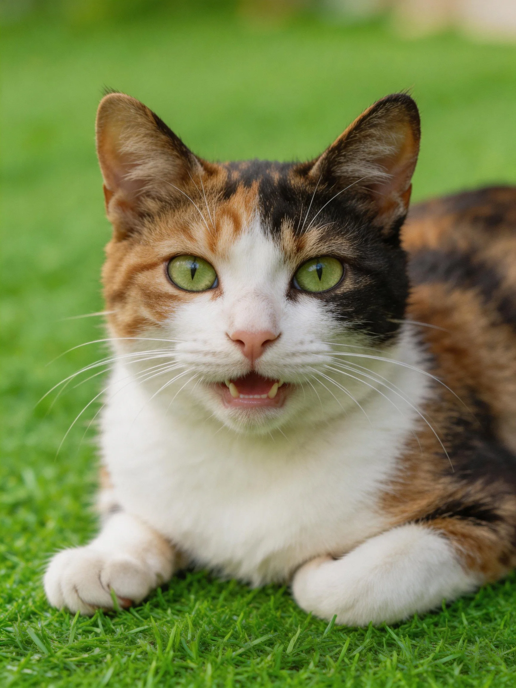 A calico cat with green eyes rests on bright green grass