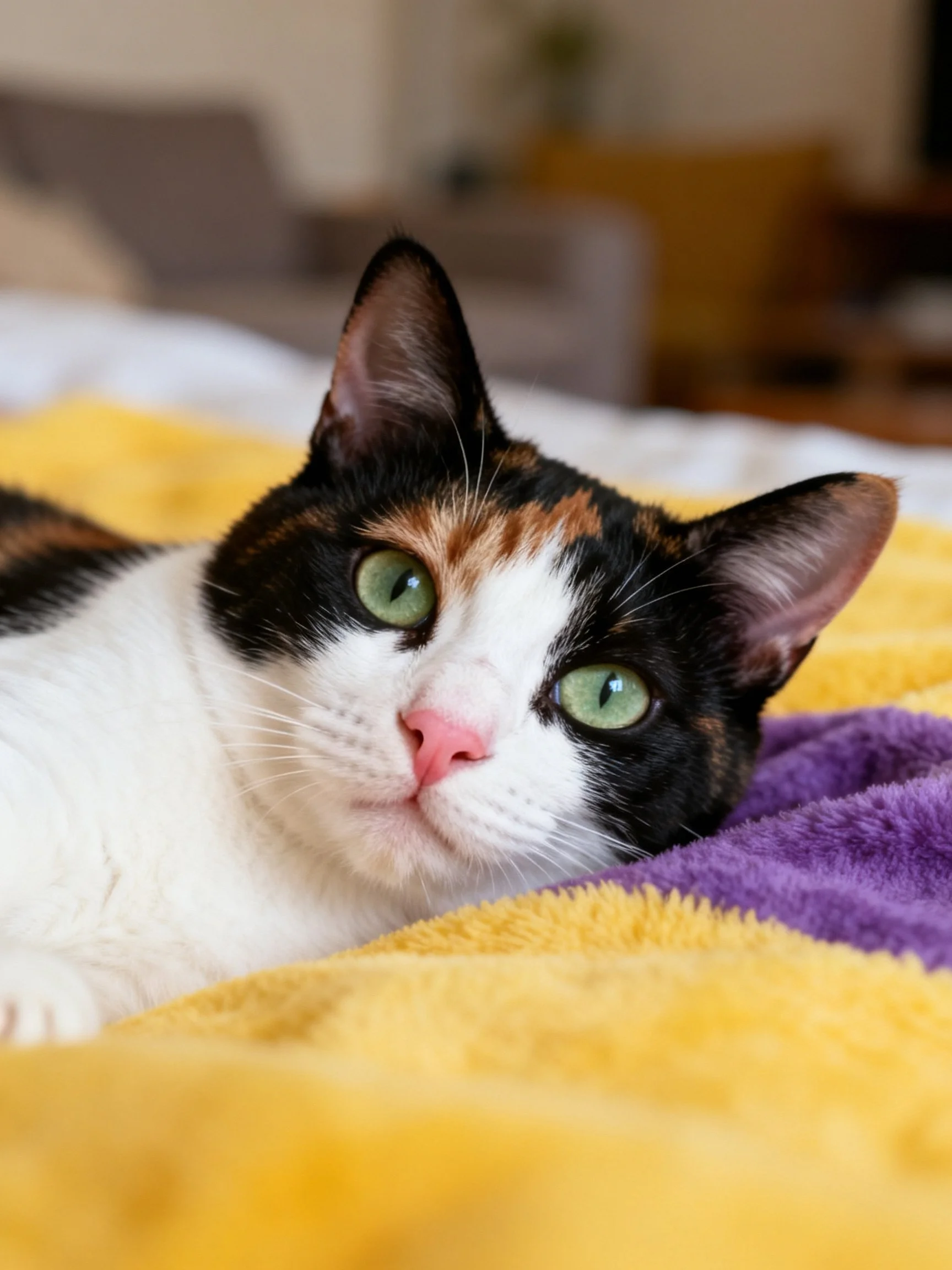 A calico cat with green eyes rests on yellow and purple blankets indoors