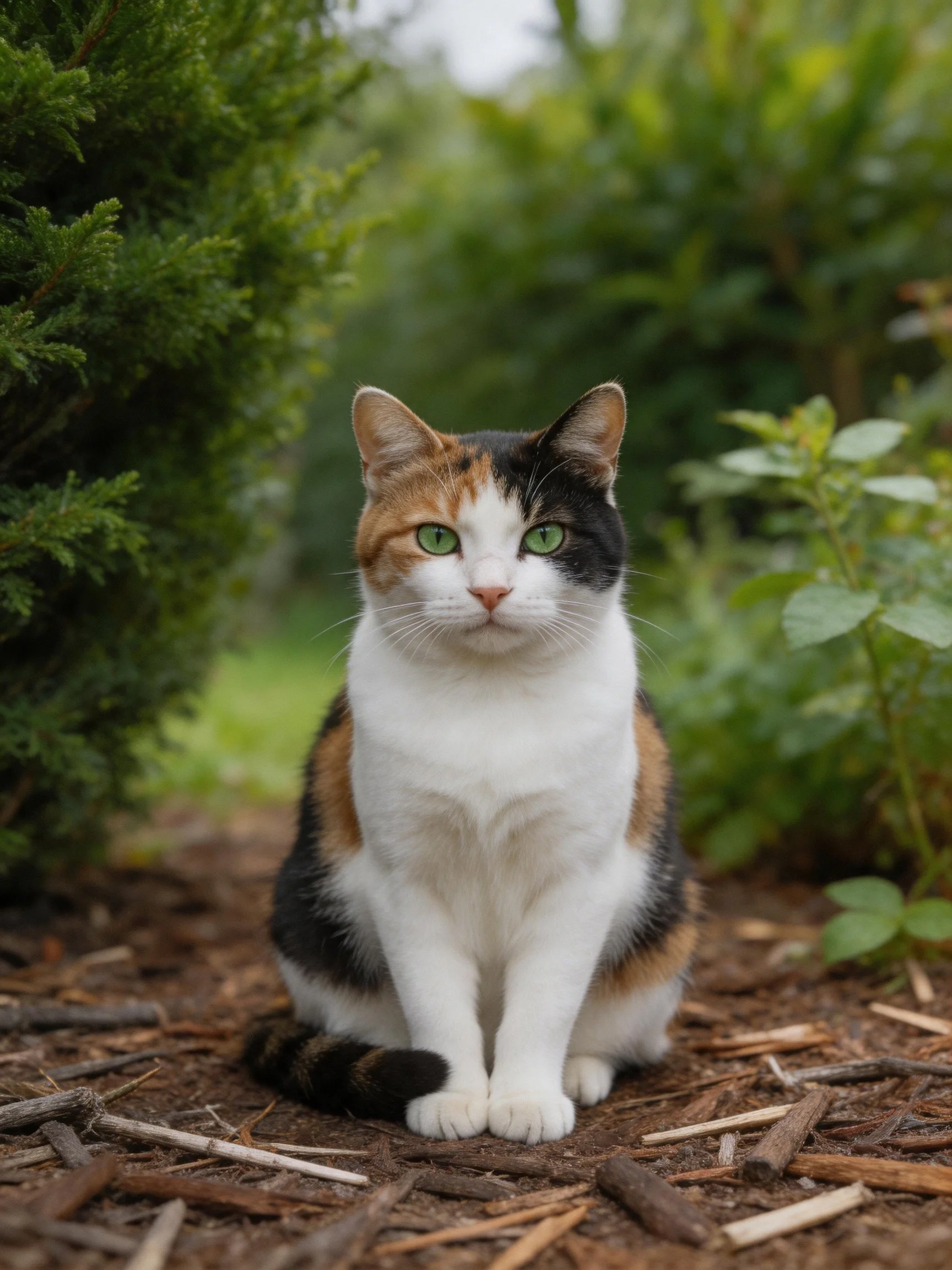 A calico cat with green eyes sits amid lush green foliage