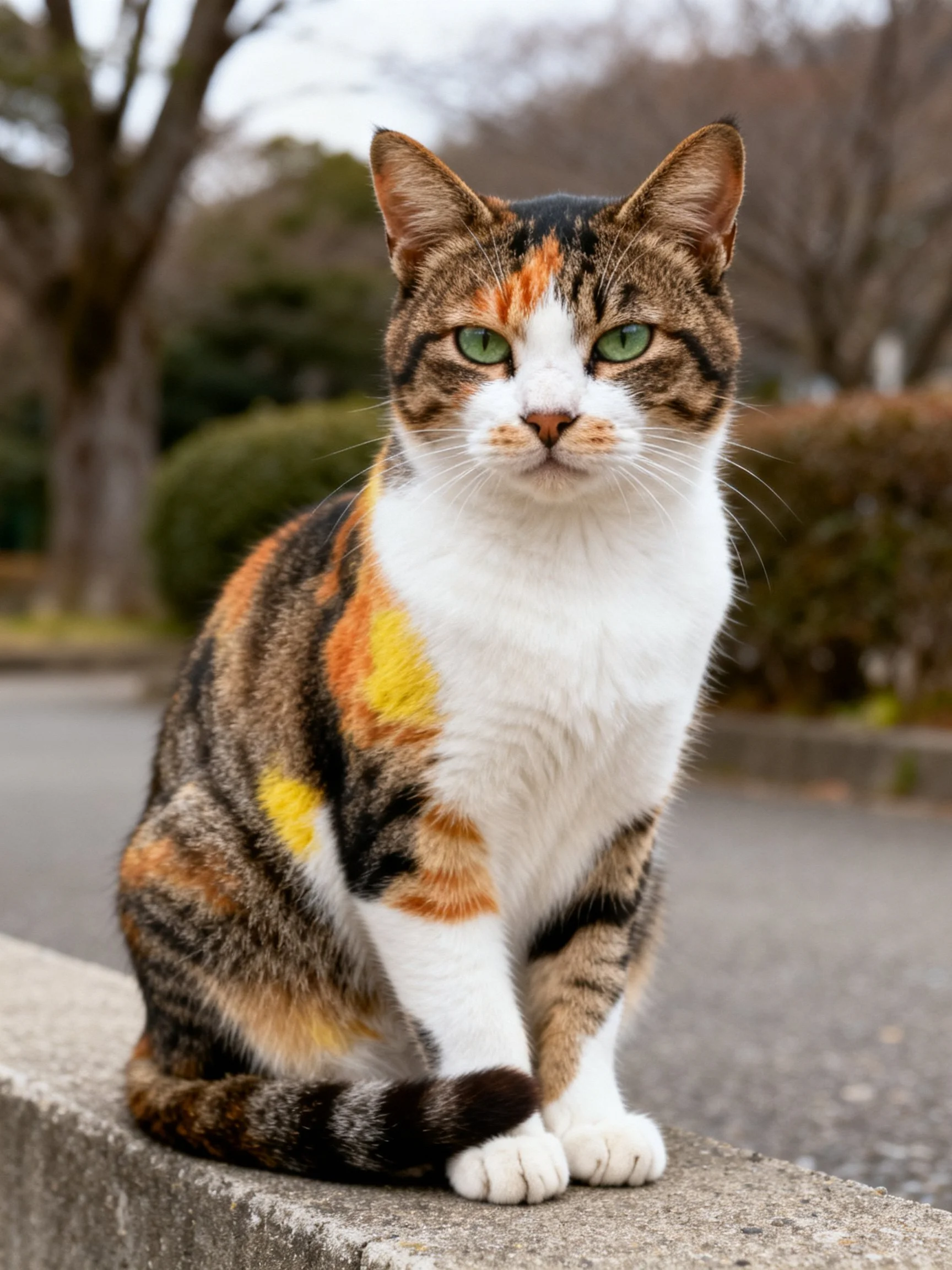 A calico cat with green eyes sits on a concrete ledge