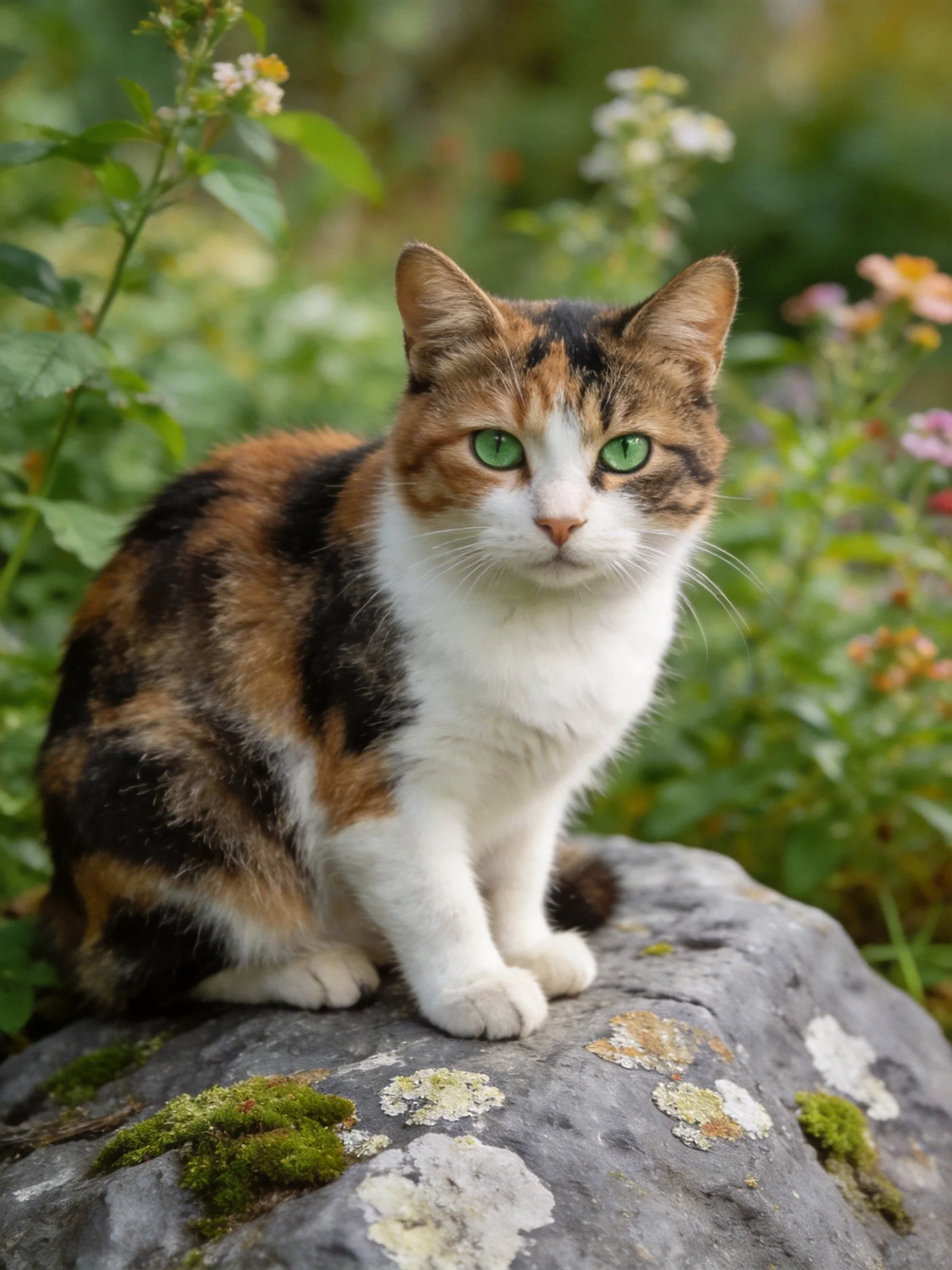 A calico cat with green eyes sits on a moss-covered rock amid flowers