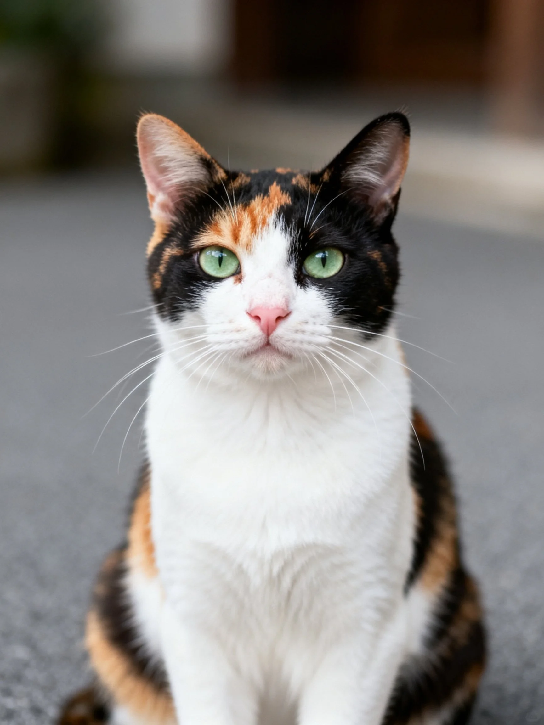 A calico cat with green eyes sits on a smooth gray surface