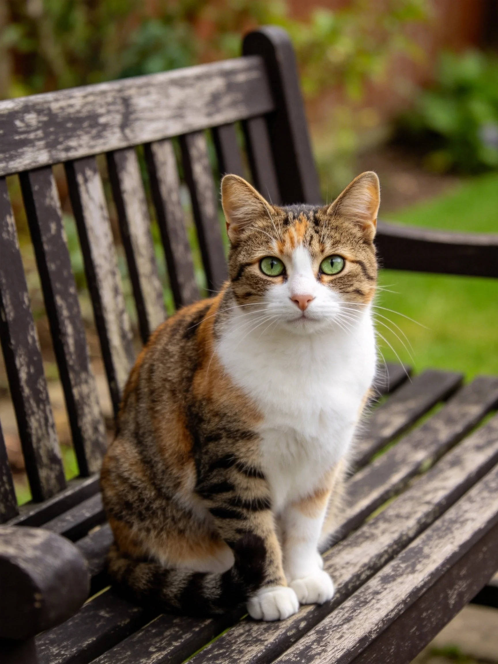 A calico cat with green eyes sits on a weathered wooden bench