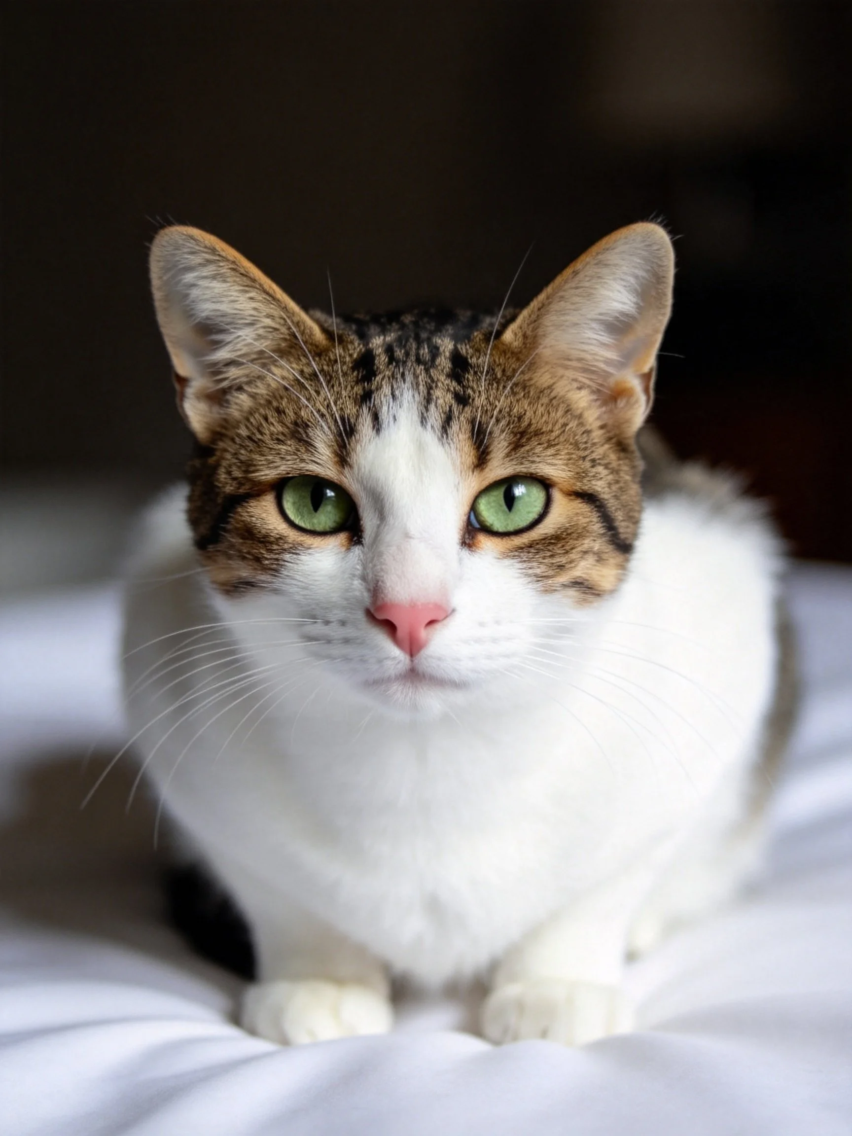 A calico cat with green eyes sits calmly on a white fabric surface.