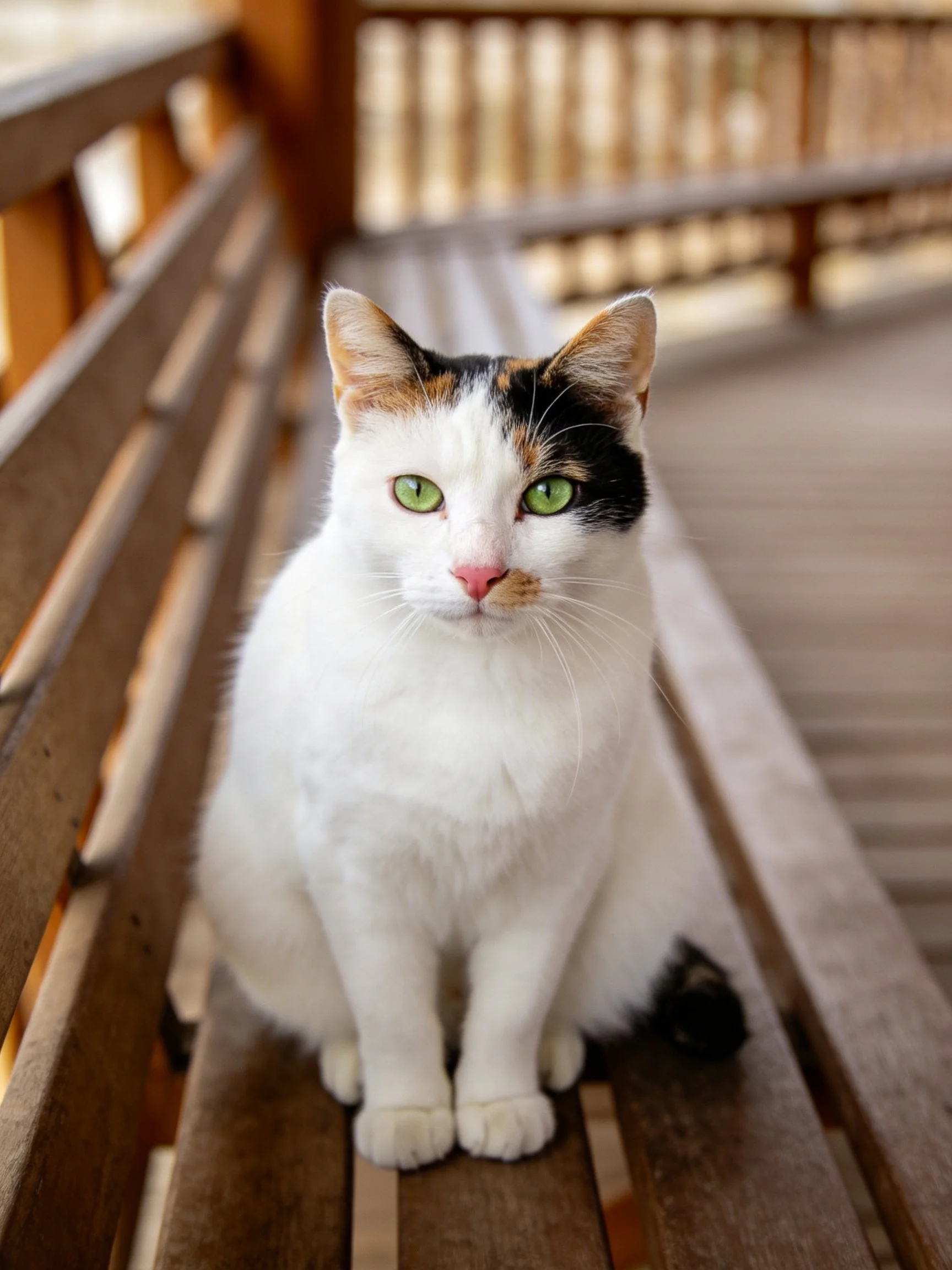 A calico cat with green eyes sits calmly on a wooden bench.
