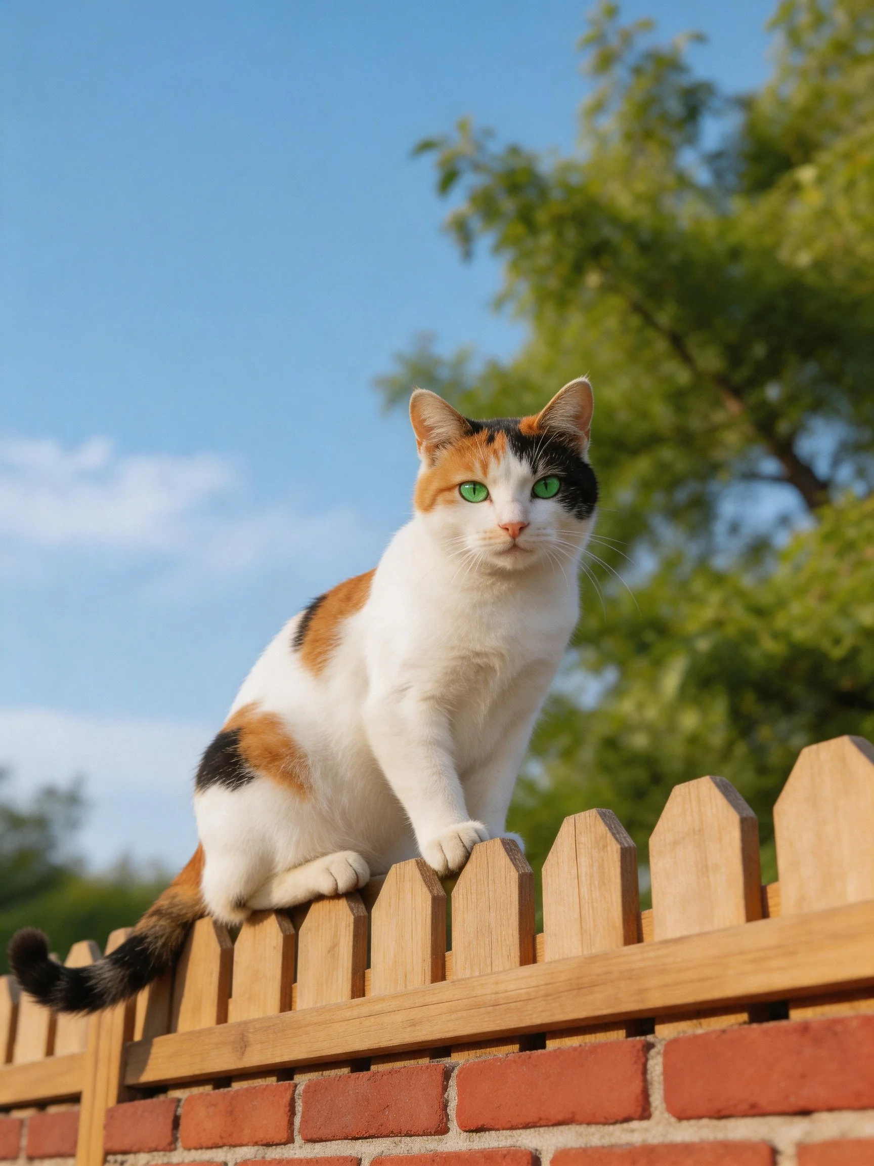A calico cat with green eyes sits on a wooden fence near a brick wall