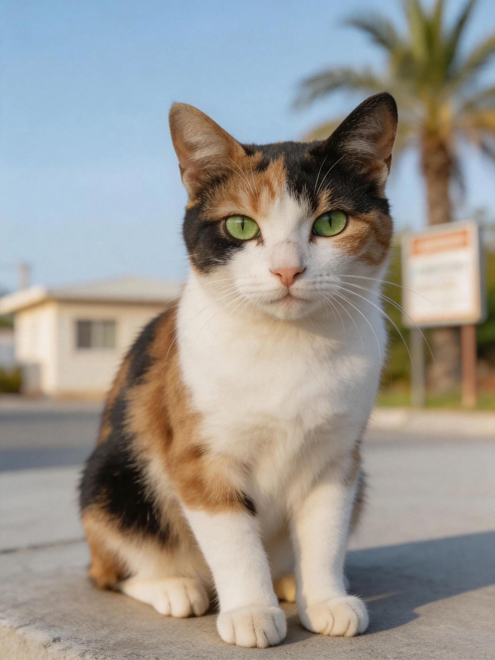 A calico cat with green eyes sits on pavement near palm trees