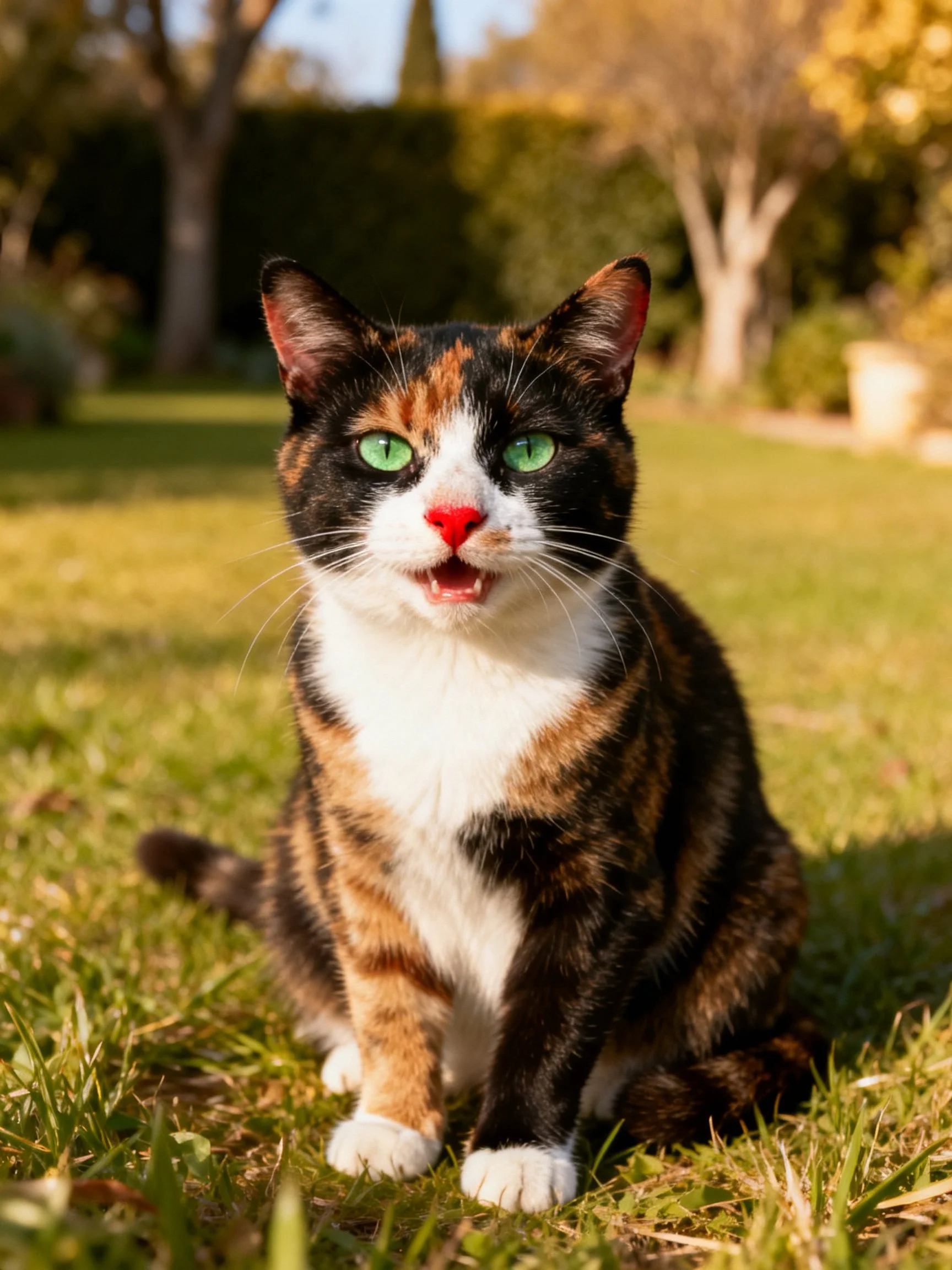 A calico cat with green eyes sits on sunlit grass