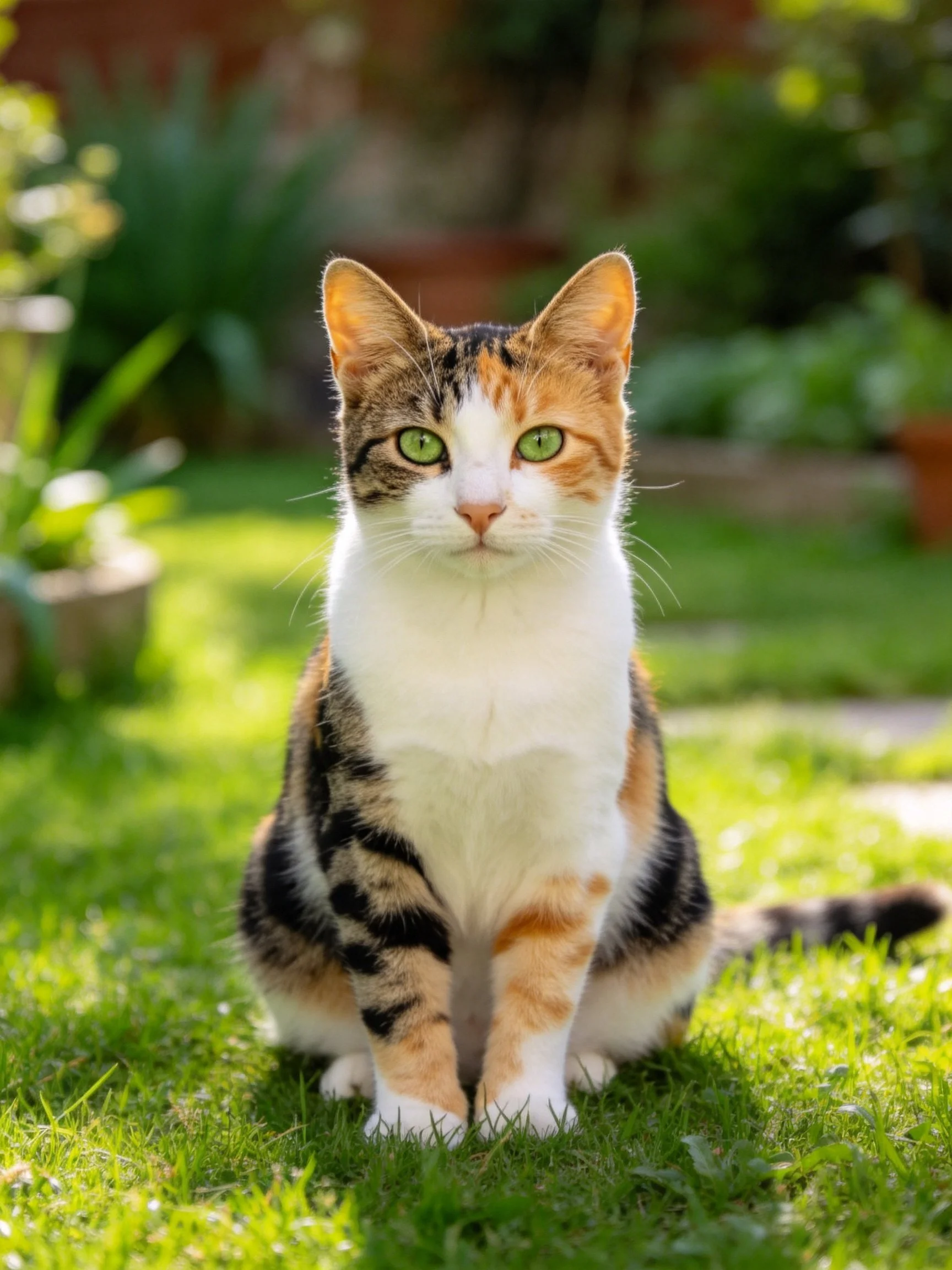 A calico cat with green eyes sits on sunlit grass in a garden