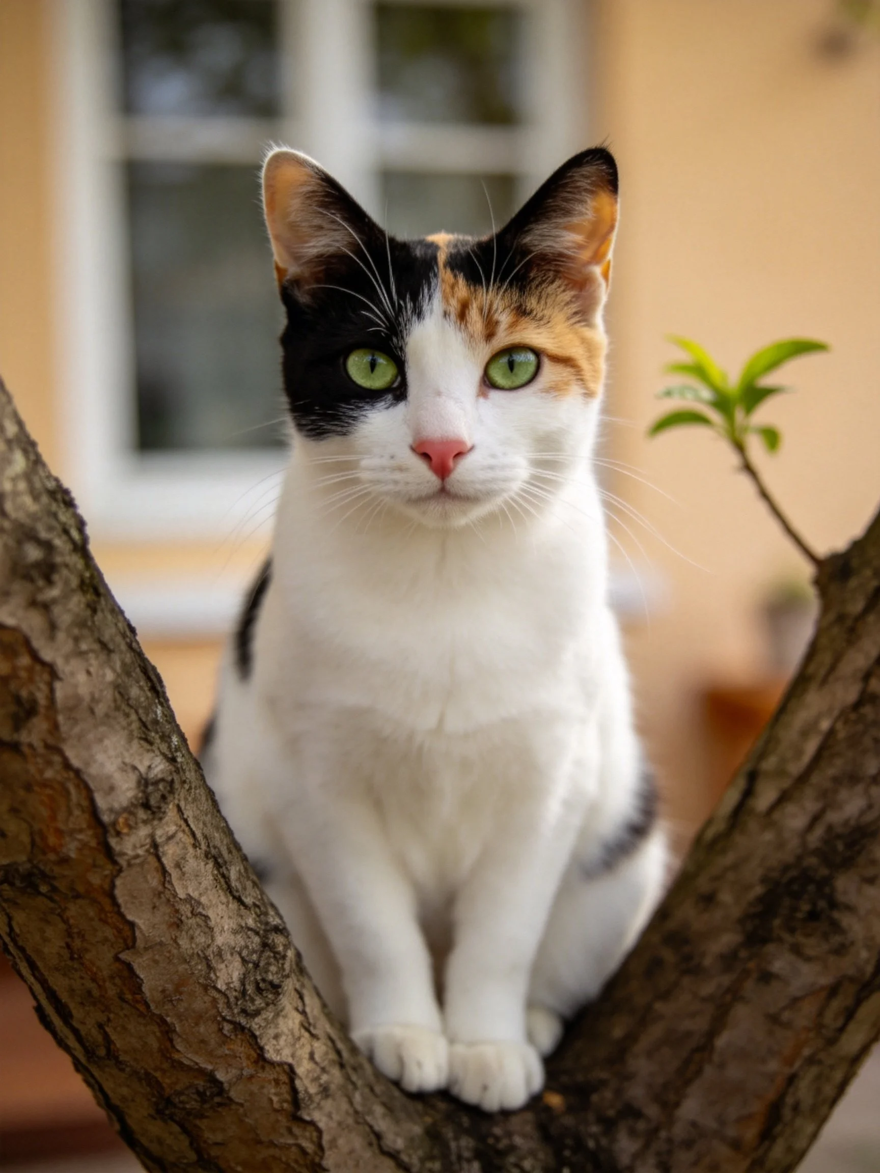 A calico cat with green eyes sitting on a tree branch