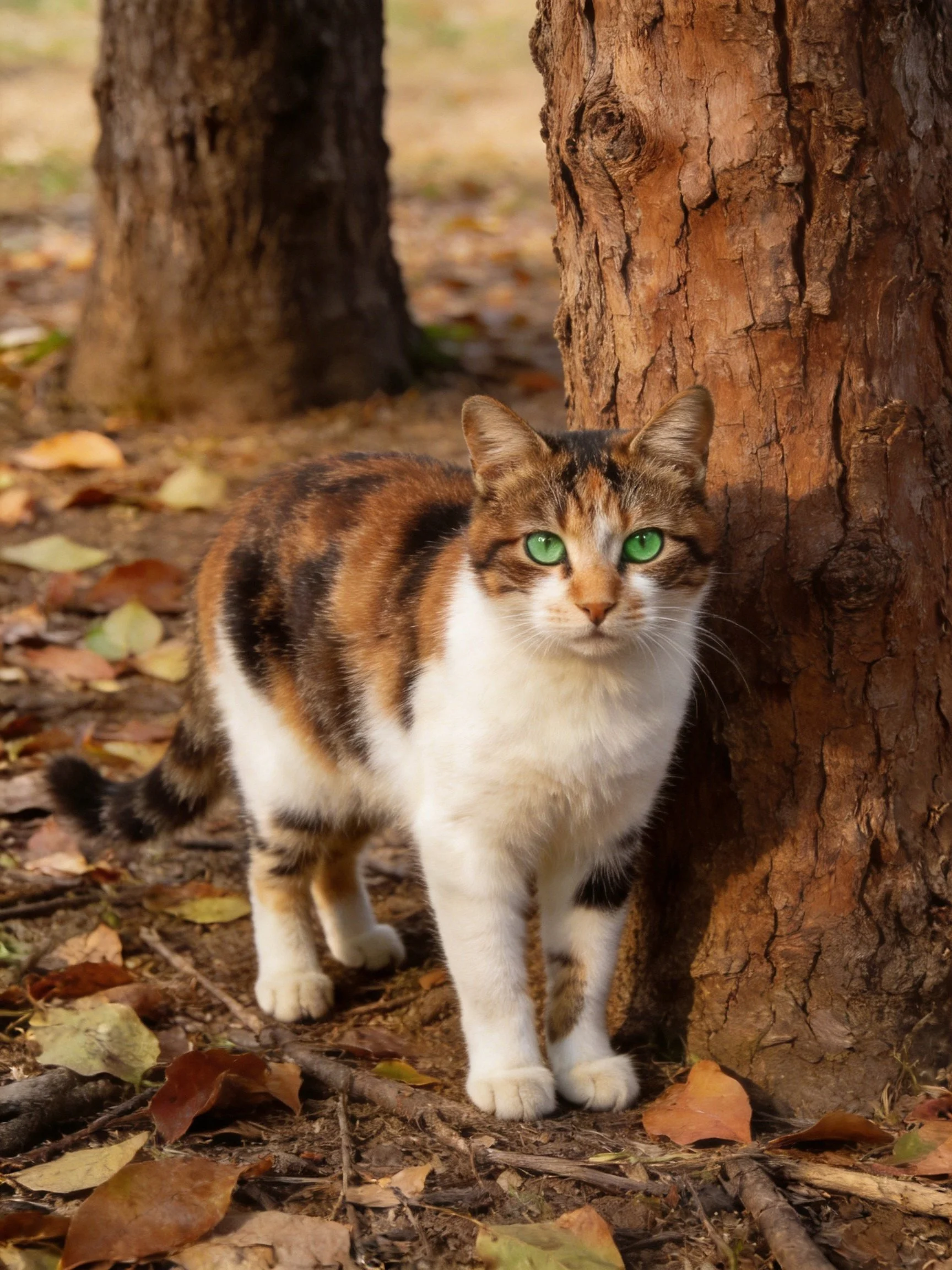 A calico cat with green eyes stands by textured brown tree trunks