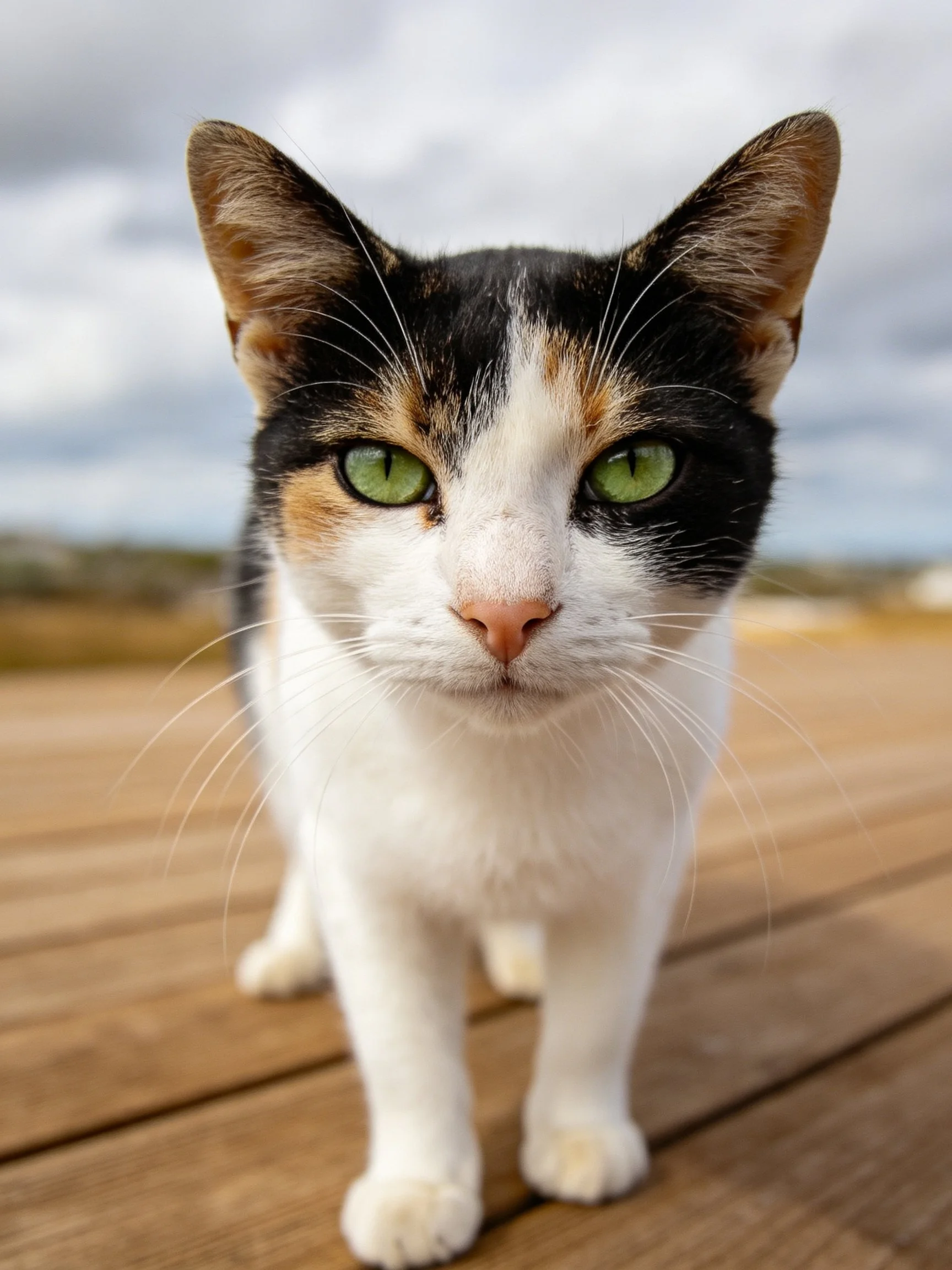 A calico cat with green eyes stands on a wooden deck outdoors