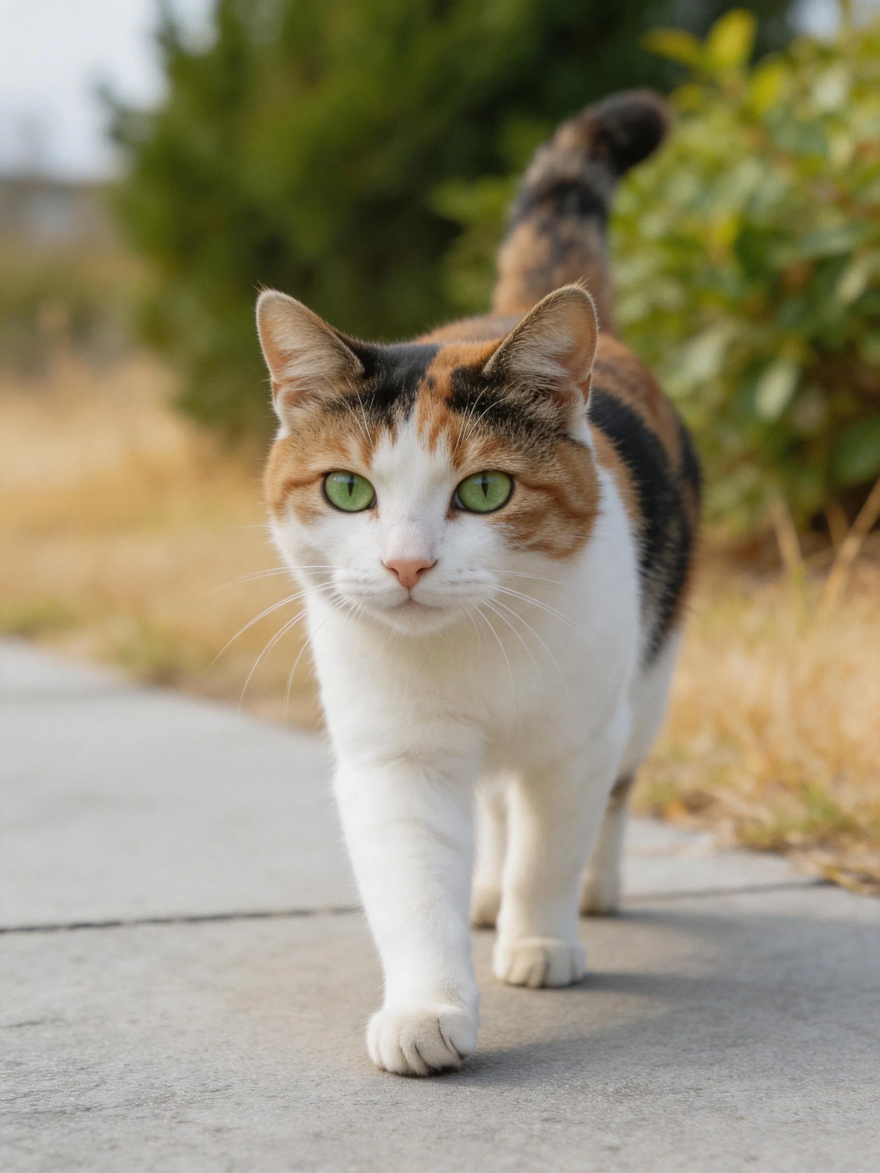 A calico cat with green eyes walks on a paved outdoor path
