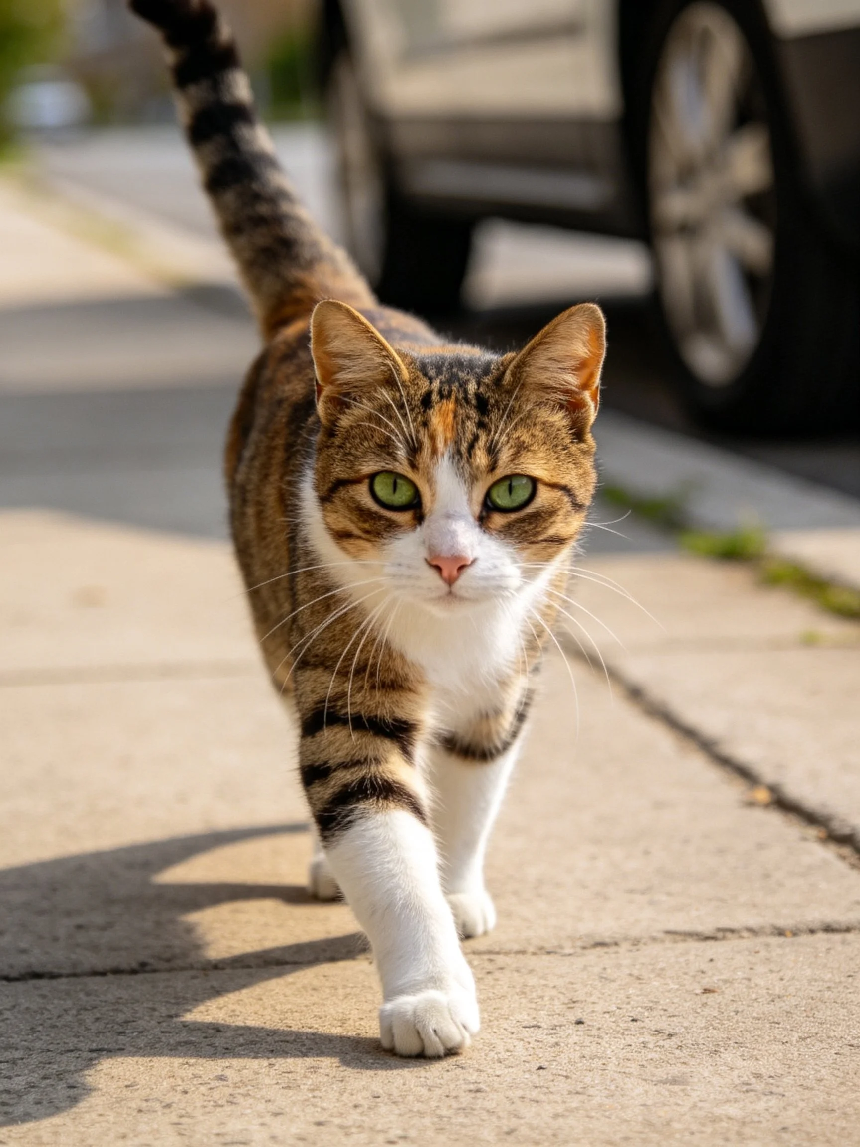 A calico cat with green eyes walks on a sunlit sidewalk