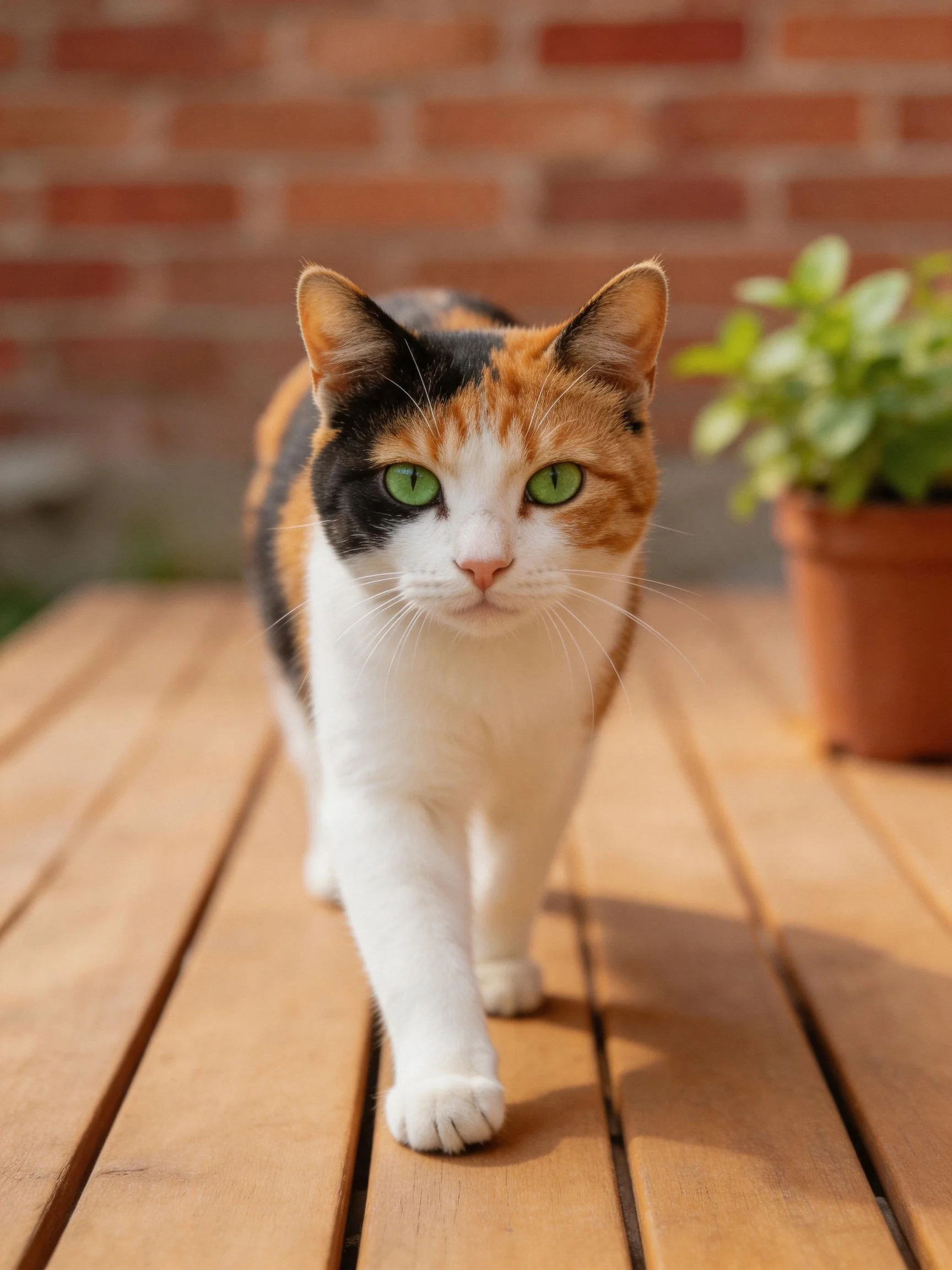 A calico cat with green eyes walks on a wooden deck near a brick wall