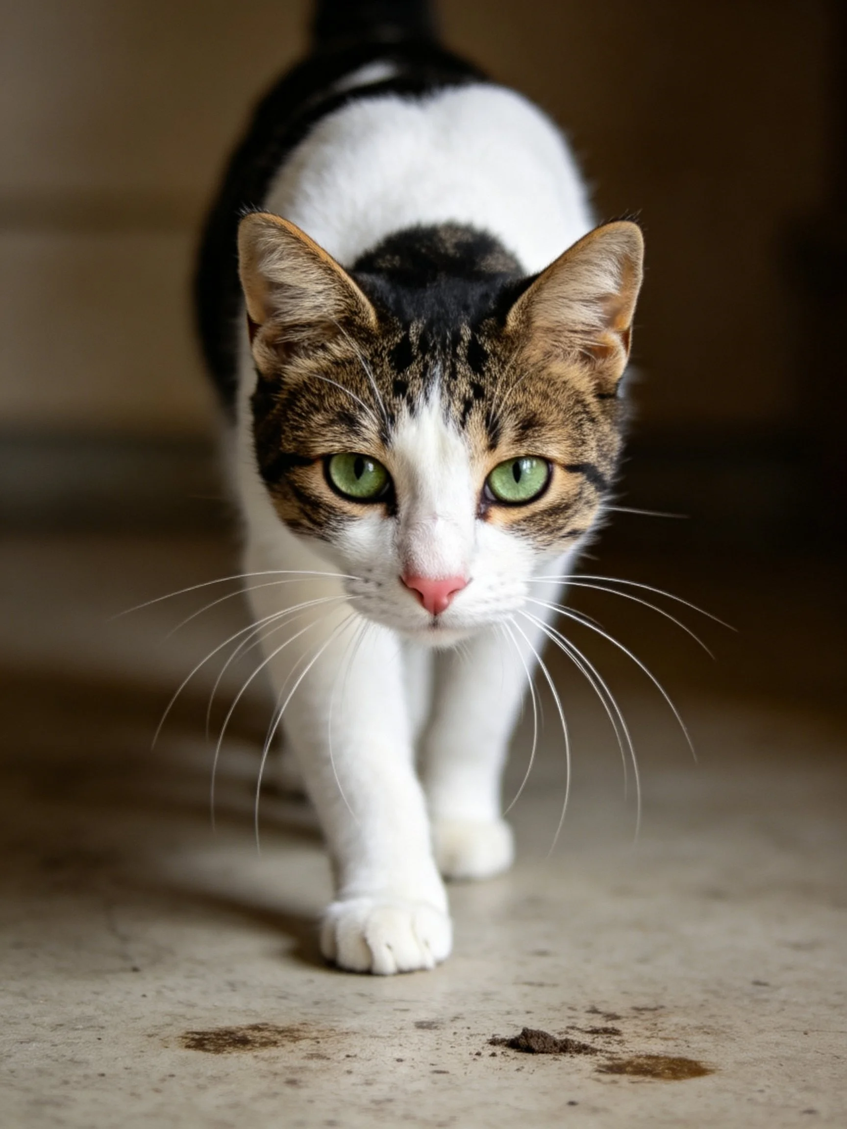 A calico cat with green eyes walks toward the viewer