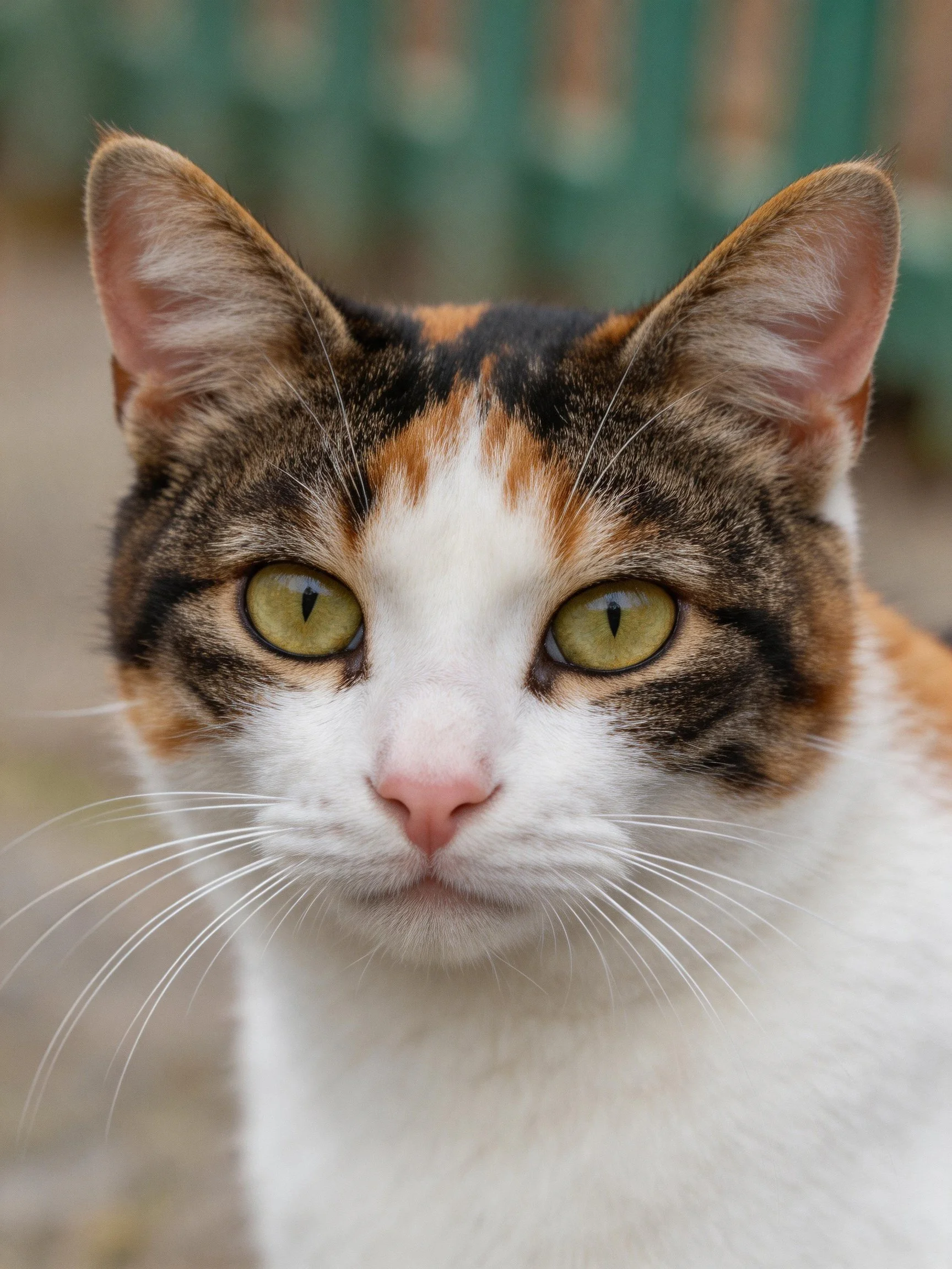 A close - up of a calico cat with striking green eyes.