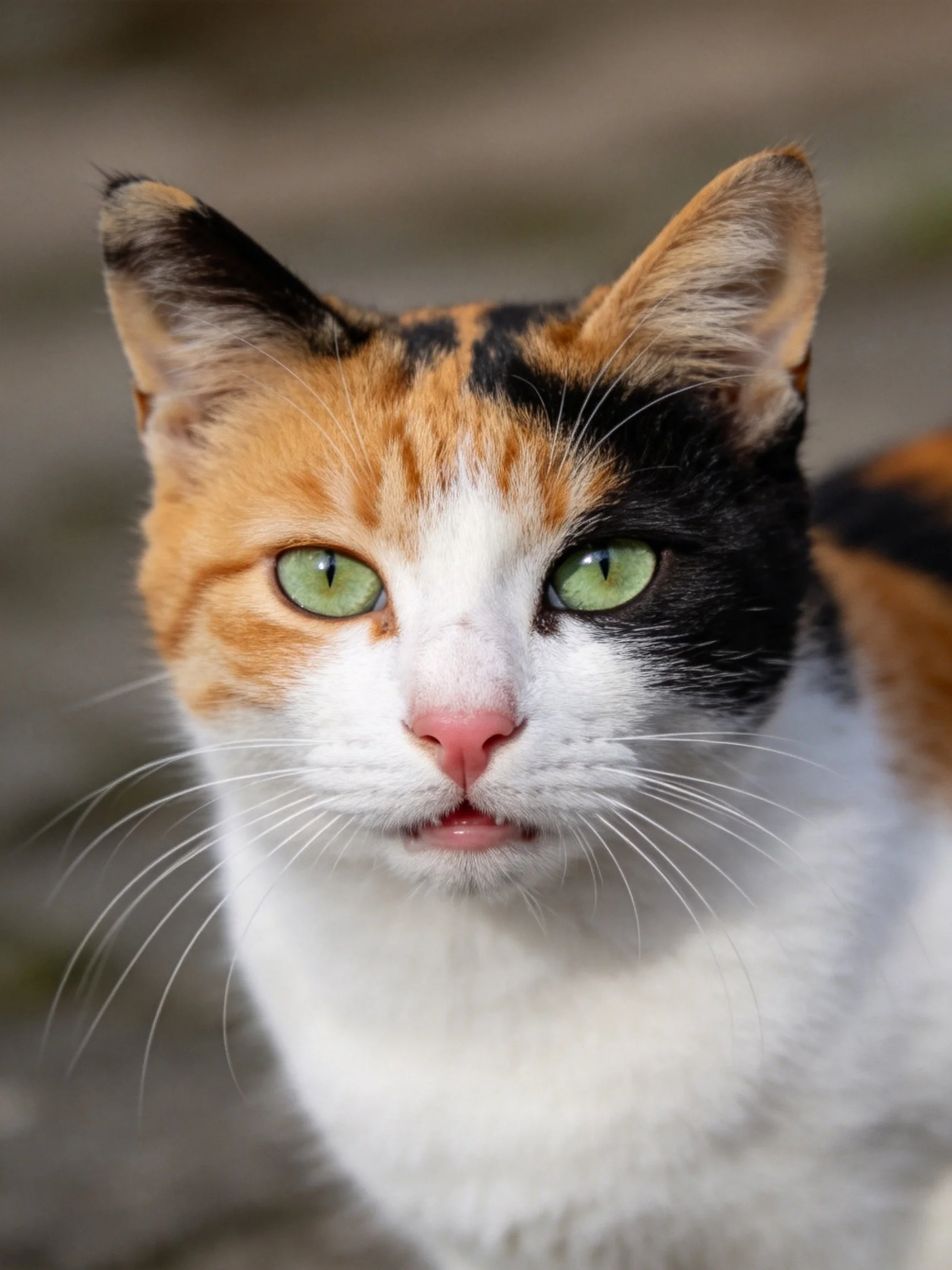 A close - up of a calico cat with distinct color patches and green eyes.
