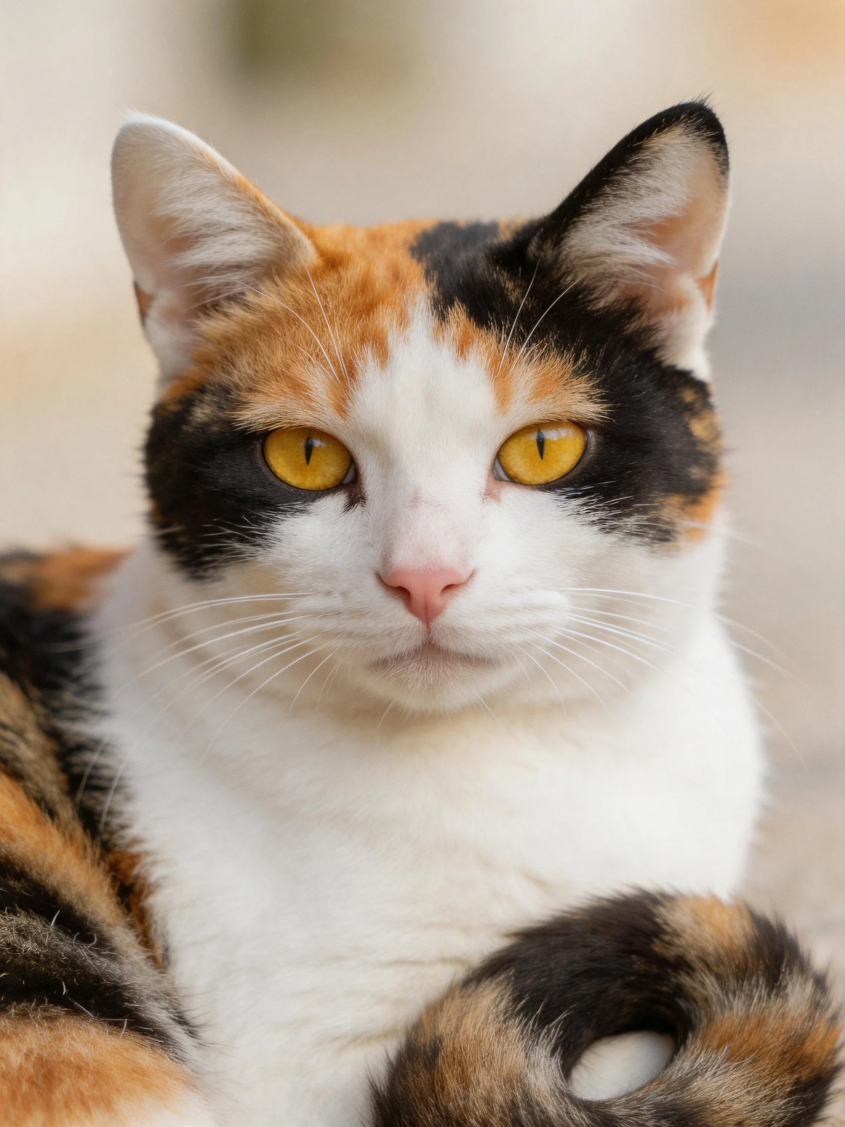 A calico cat with colorful fur patches and vivid yellow eyes sits peacefully.