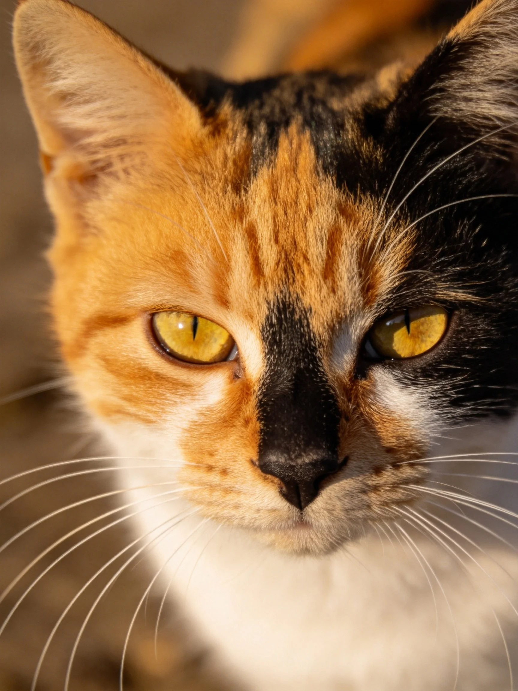 A close - up of a calico cat displaying mixed fur colors and vivid yellow eyes.
