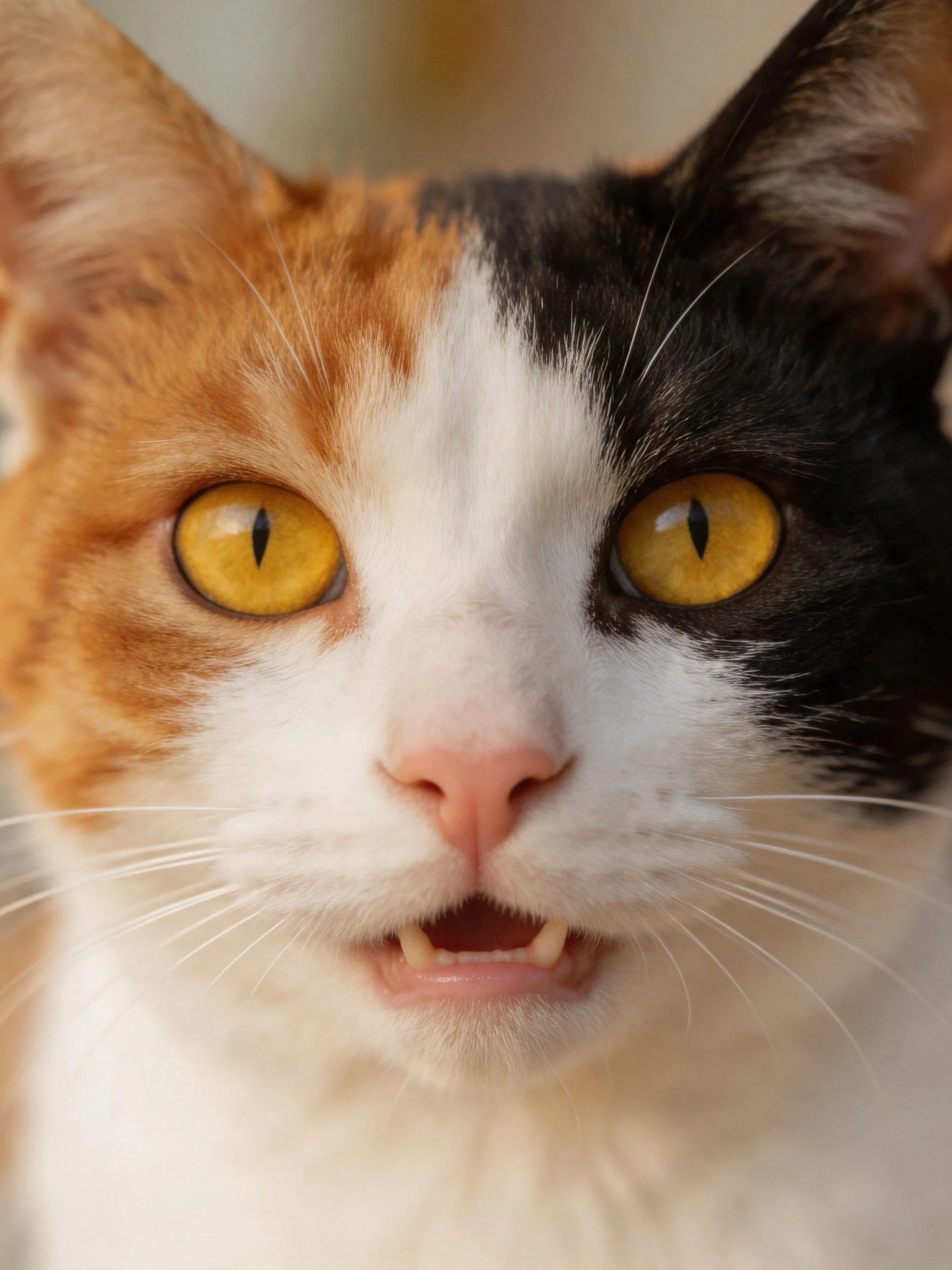 A close - up view of a calicocat with orange, black, white fur, and bright yellow eyes.