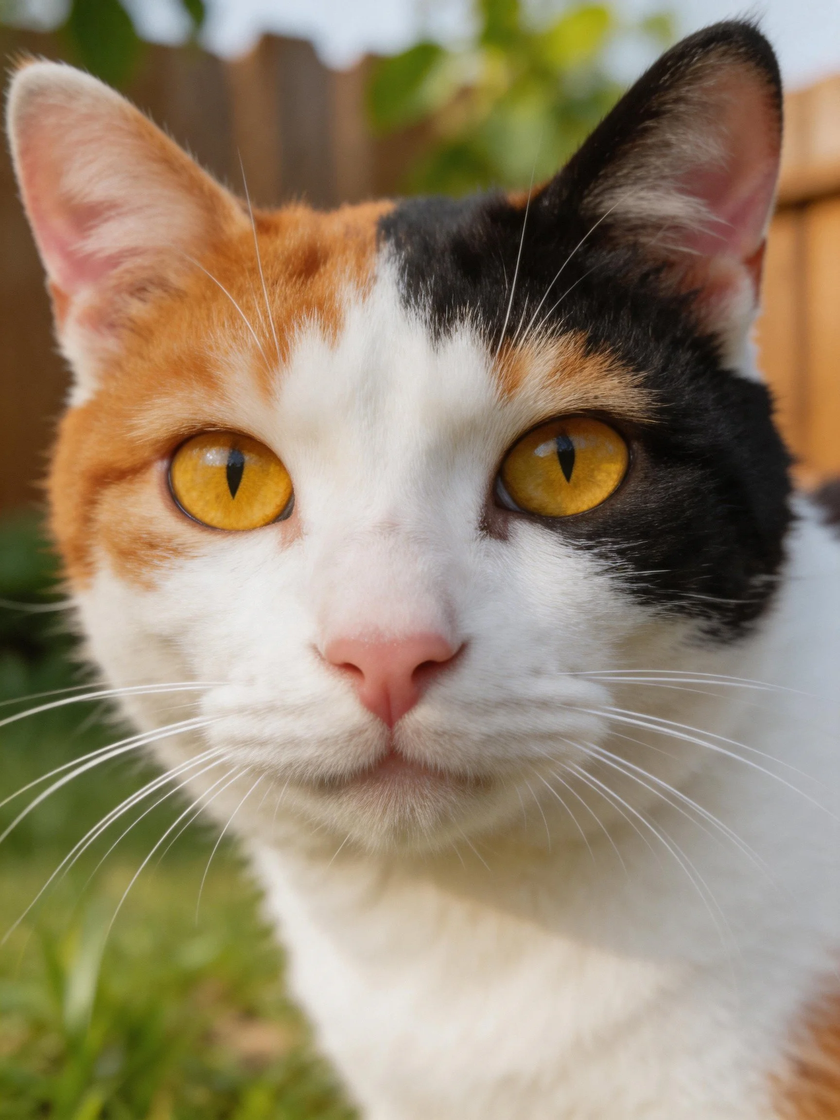 A close - upof a calico cat with multicolored fur and yellow eyes in an outdoor setting.
