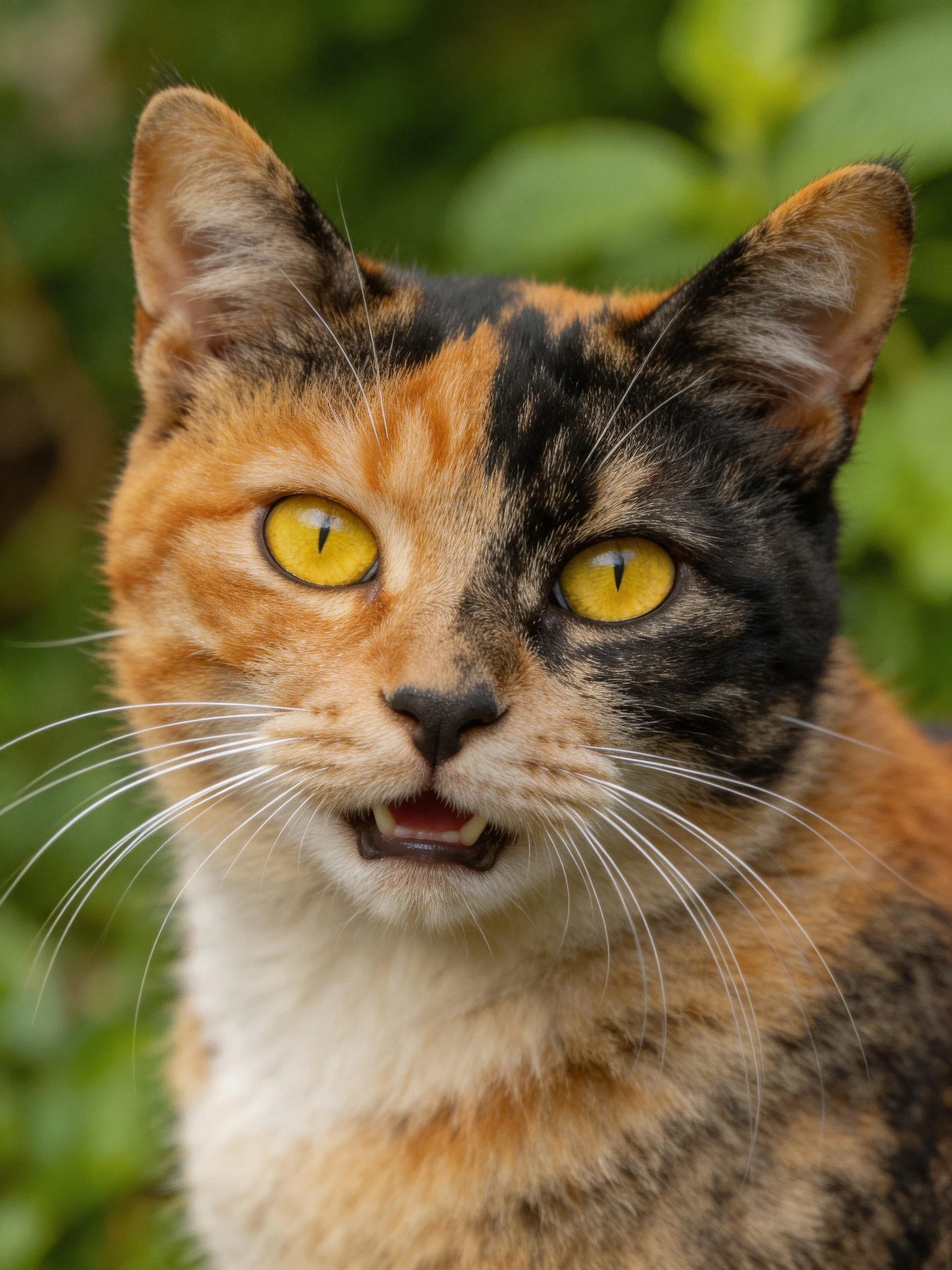 A calico cat with mixed colored fur and bright yellow eyes is photographed up close.