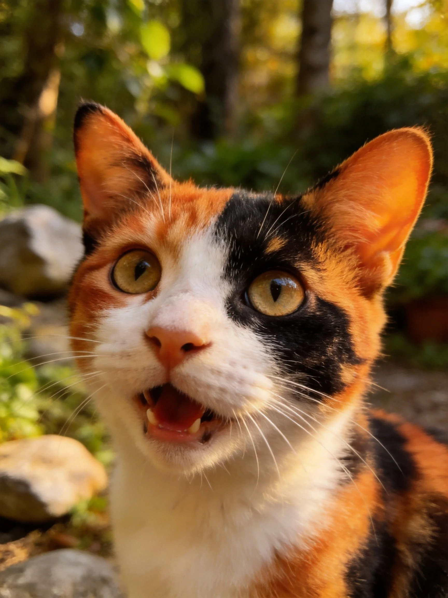 A calico cat with orange, black, and white fur in a sunlit outdoor setting