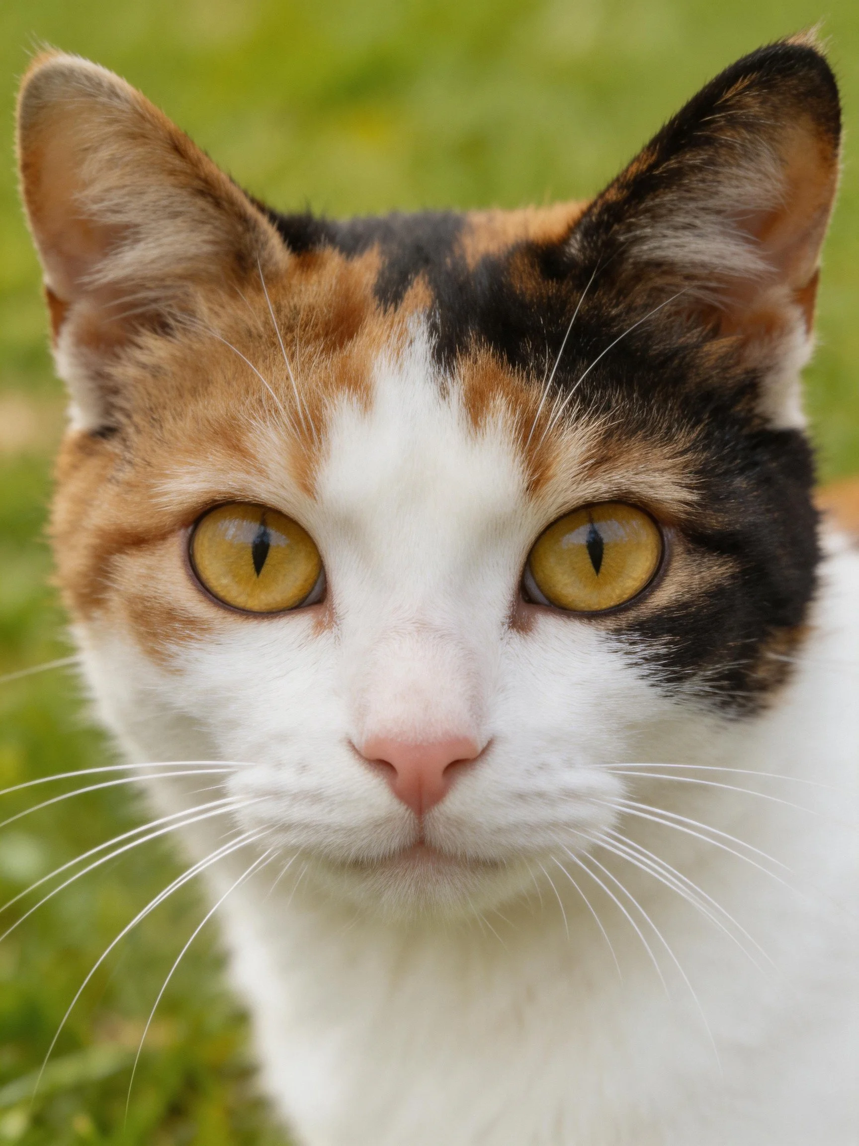 A calico cat with orange, black, and white fur stares directly at the camera.