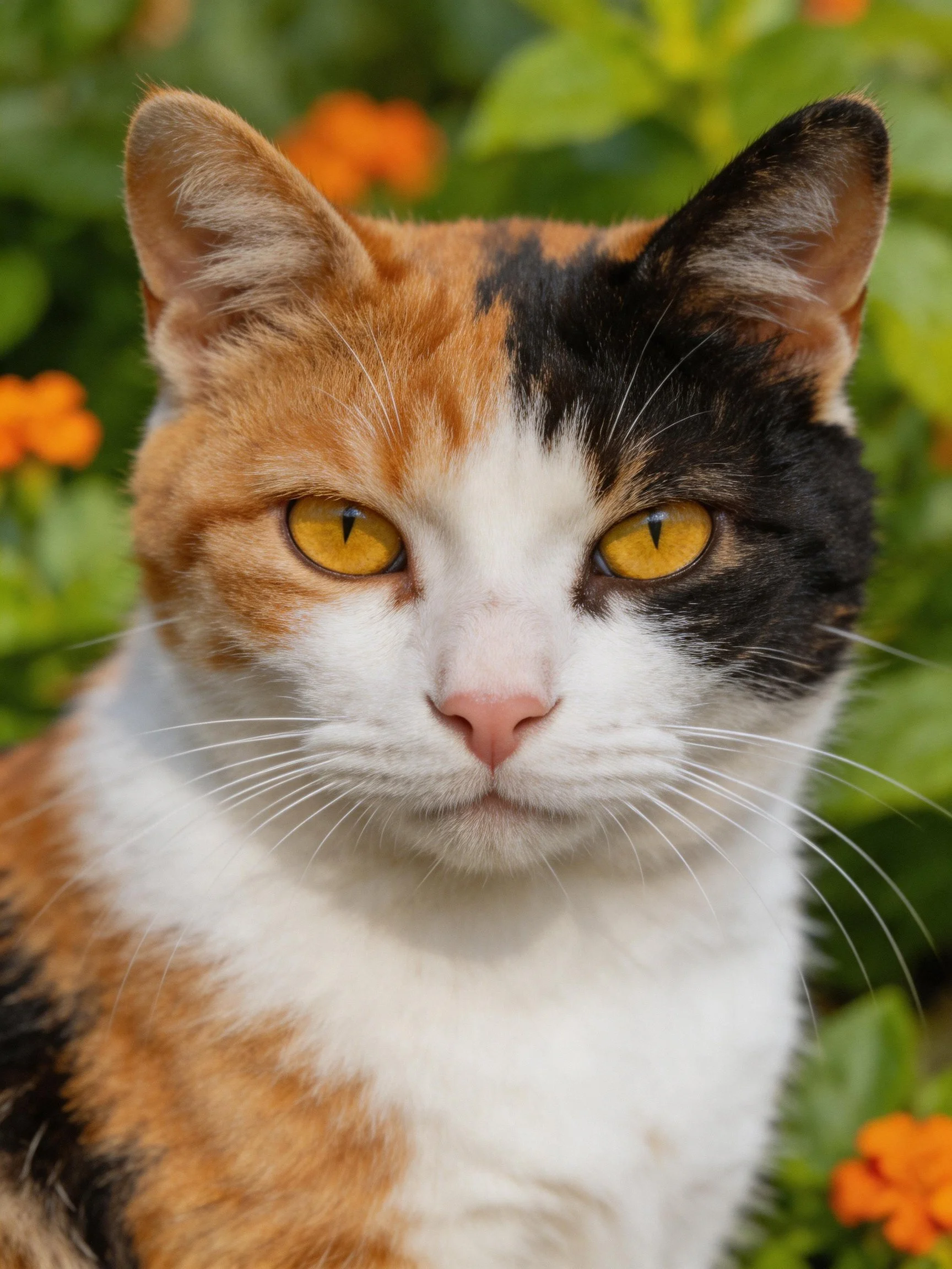 A calico cat with yellow eyes is surrounded by greenery and orange flowers.