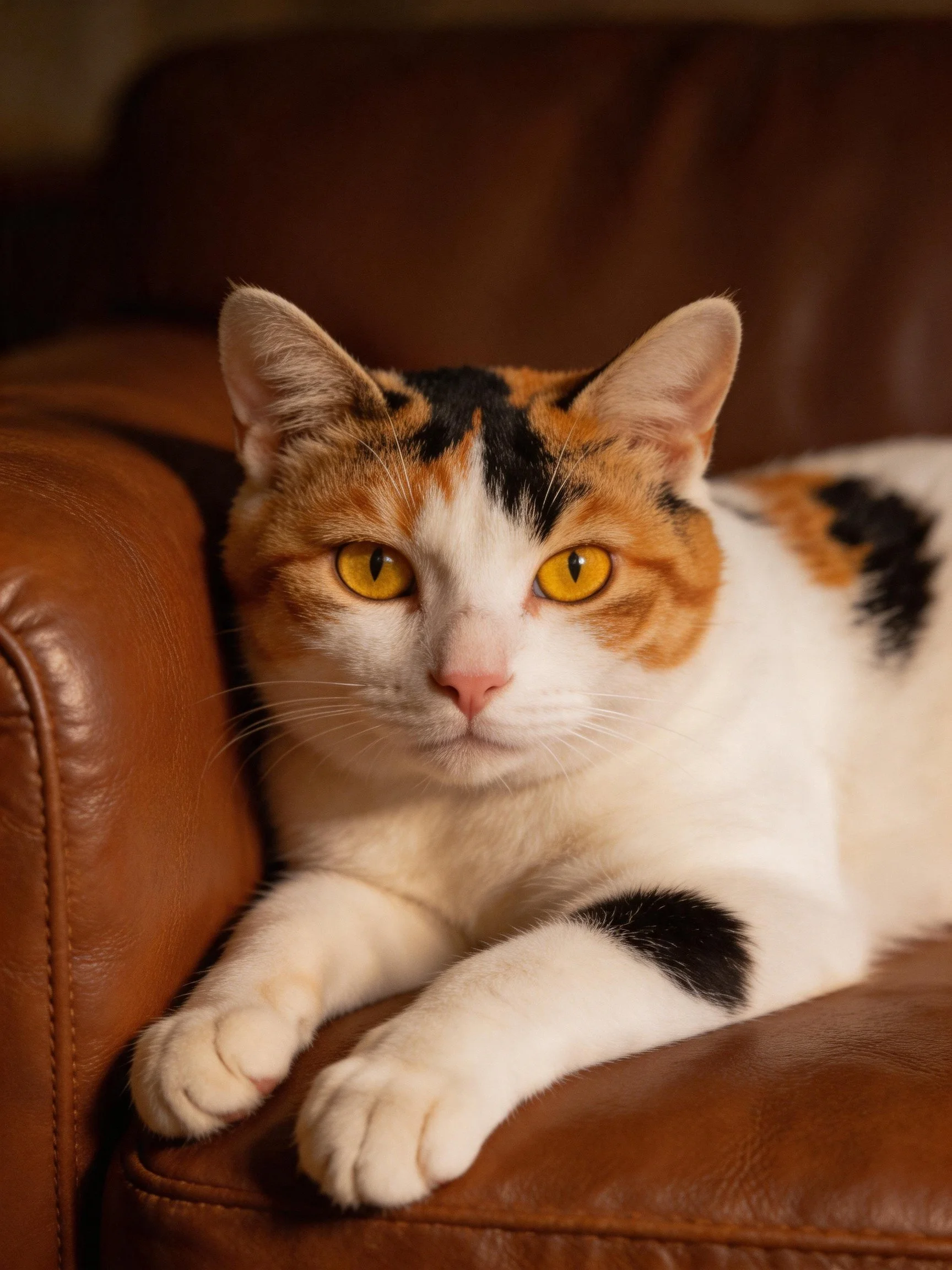 A calico cat with orange, black, and white fur relaxes on a brown leather couch.