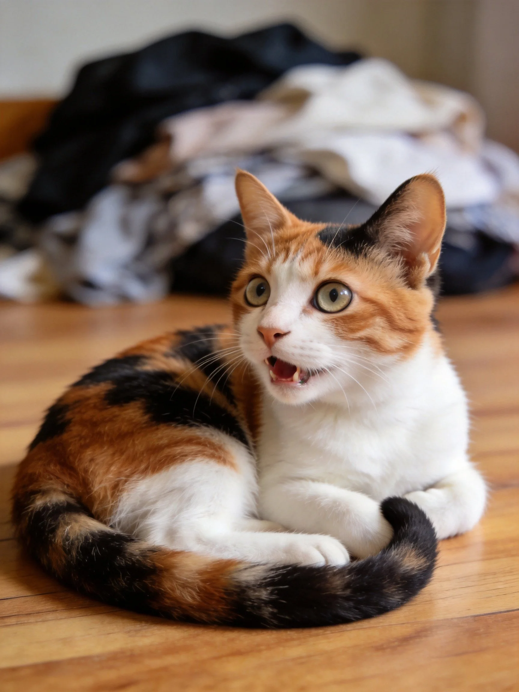 A calico cat relaxes on a wooden floor beside clothing